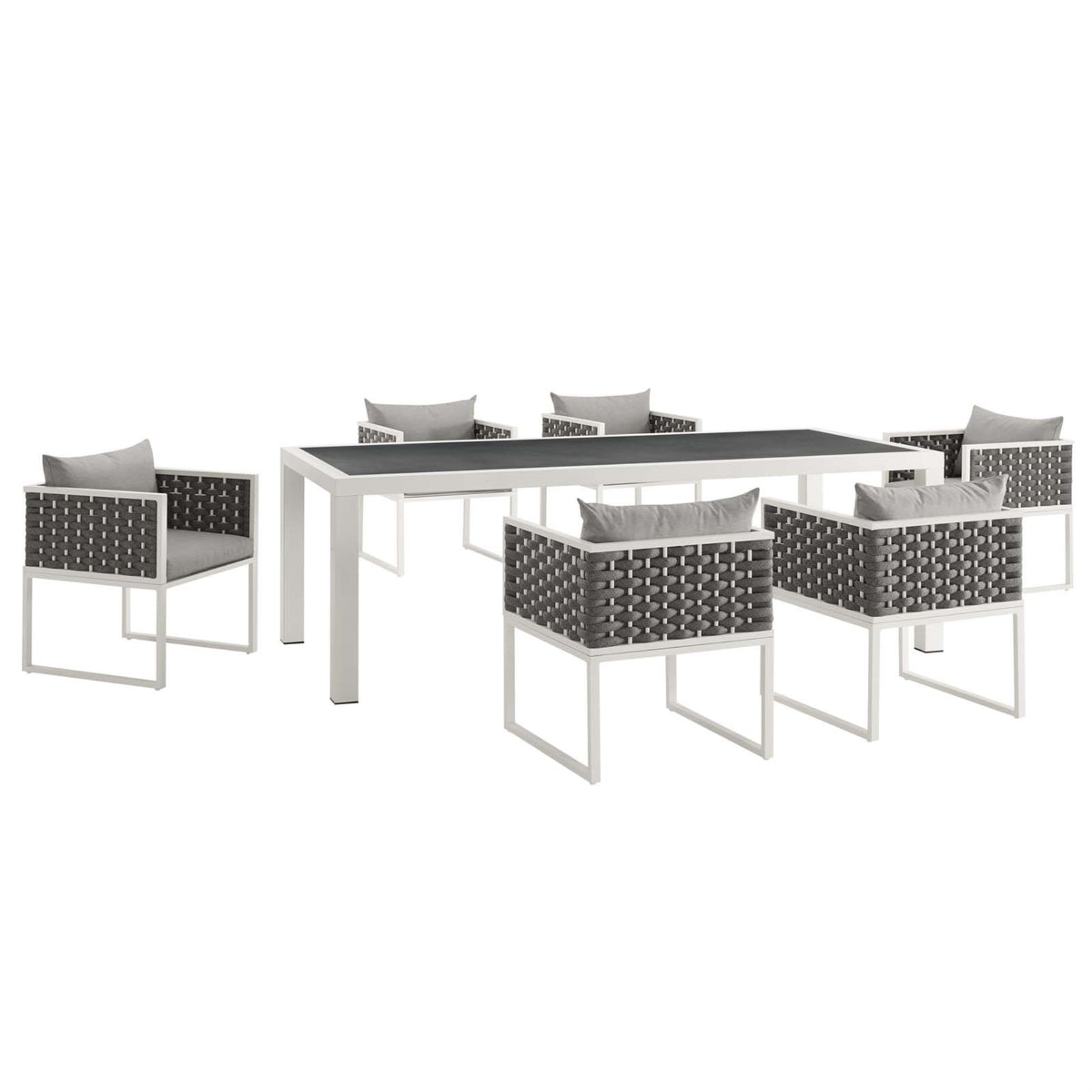 Stance Outdoor Collection: 7-Piece Patio Dining Set - Modern Look, Aluminum Frame, Waterproof Cushions, 90.5' Table. White Gray.
