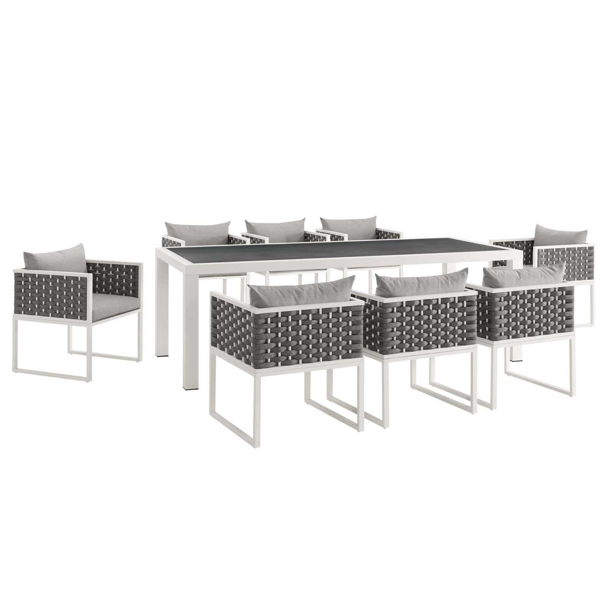 Stance Outdoor Collection: 9-Piece Patio Dining Set - Modern Design, Waterproof Cushions, Aluminum Frame, Woven Polyester Rope Back, Spray Stone Glass Table.