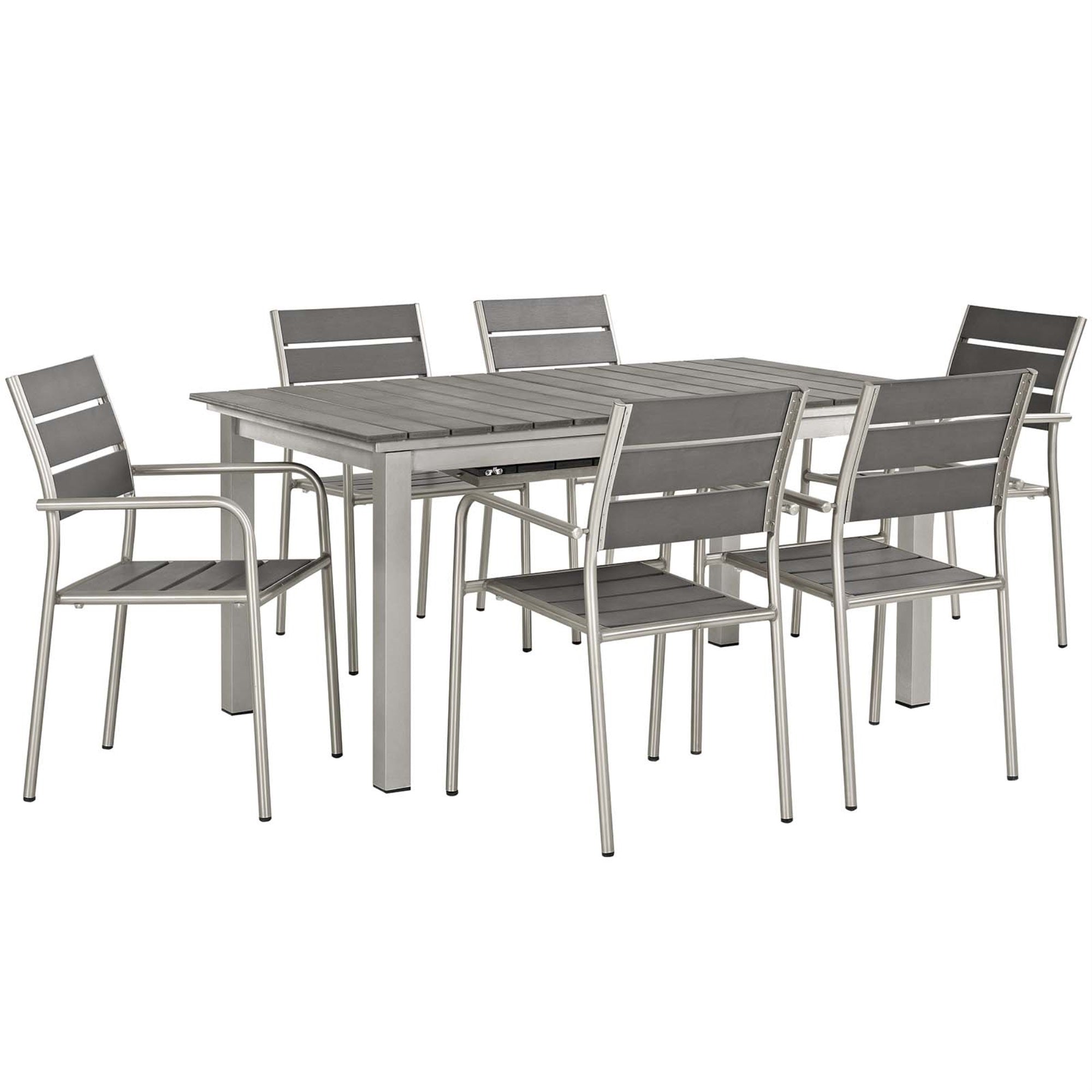 Shore Outdoor Aluminum Dining Set - Durable & Stylish, Extension Table & 6 Armchairs, Gray Tones With Wood Accents, Perfect For Casual Gatherings