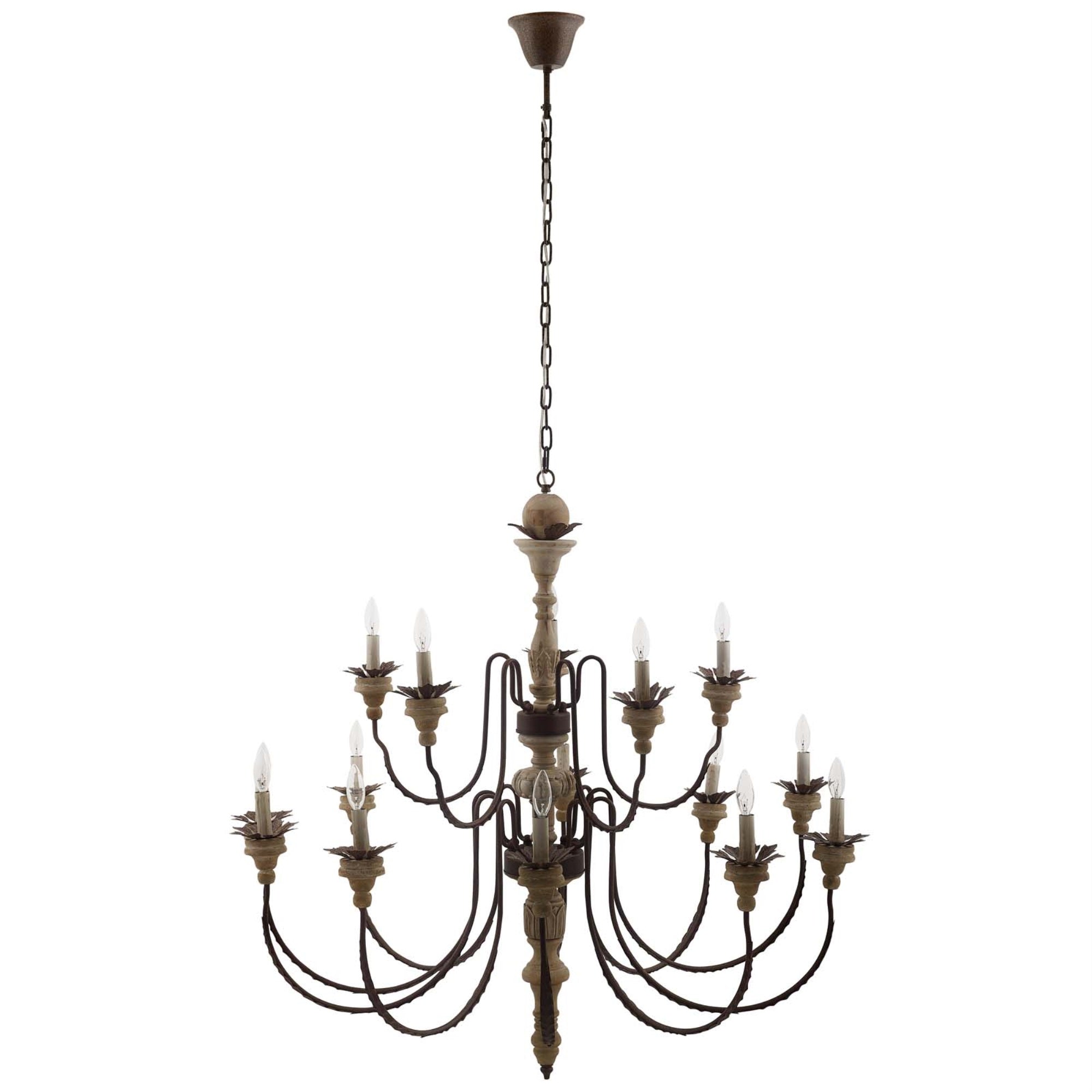 French Vintage Style, 15-Light, Metal & Wood, Leaf Design, Chateau Vibe, E12 Bulb Compatible, 45.3' Chain, Flush Mount, Home Ambiance Enhancer