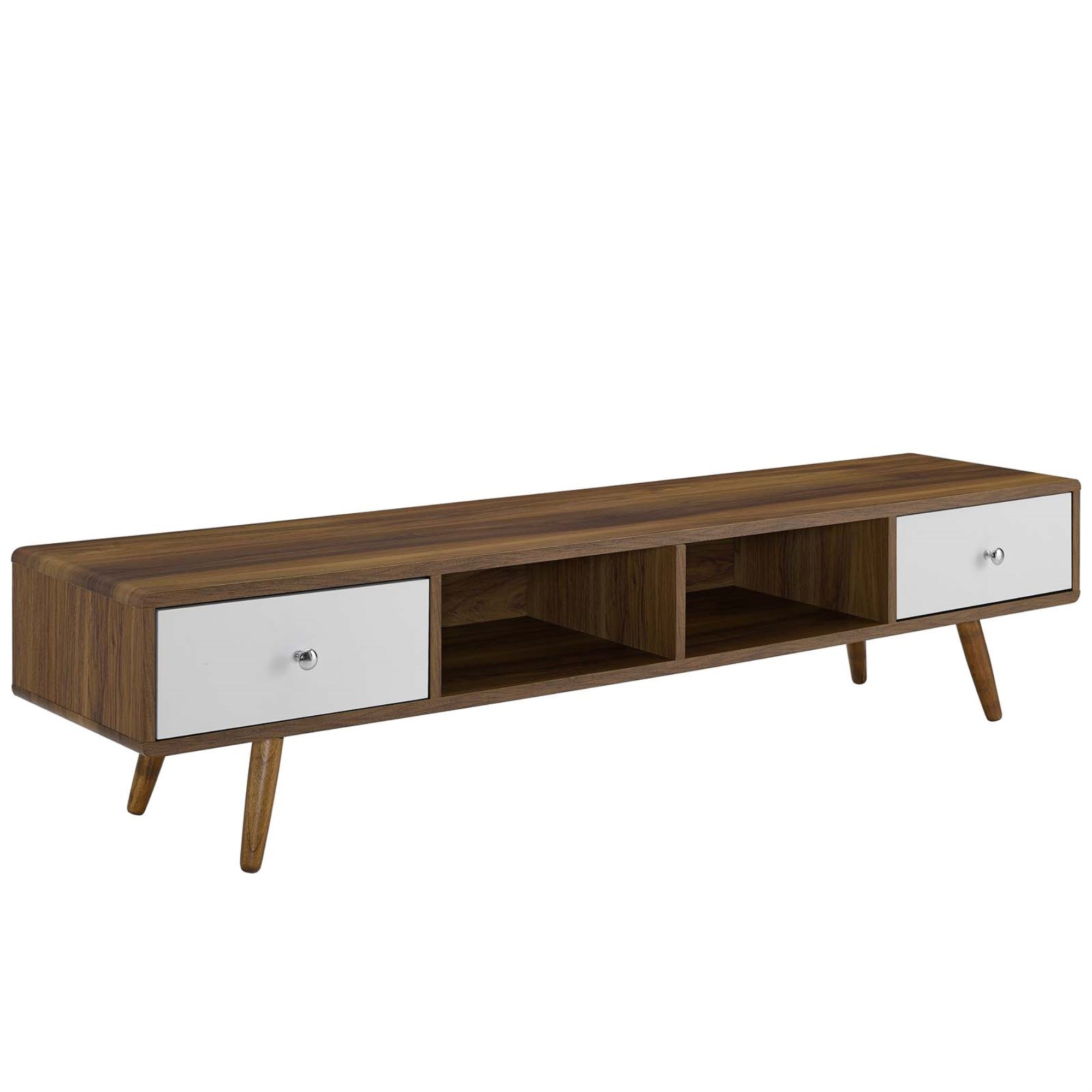 Transmit 70' Tv Stand - Mid-Century Modern Design, White Lacquer Finish, Ample Storage, Cable Management, Walnut Grain Veneer