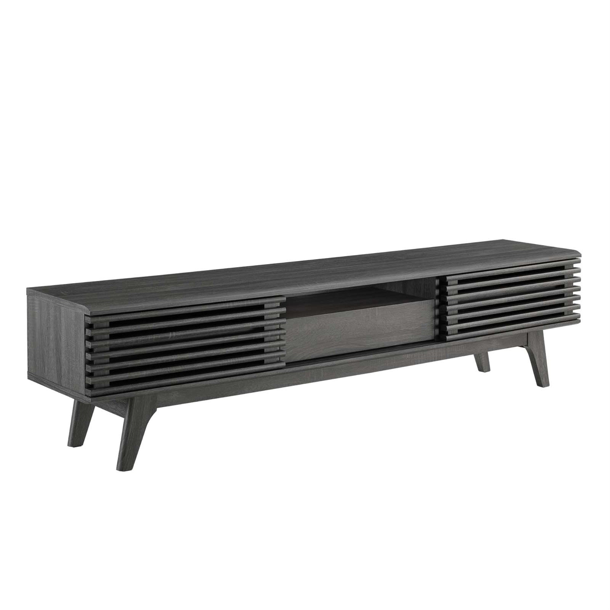 Ergode 70' Tv Stand - Mid-Century Style, Walnut Grain Veneer, Storage Drawer, Adjustable Shelves, Sliding Doors, Cable Management