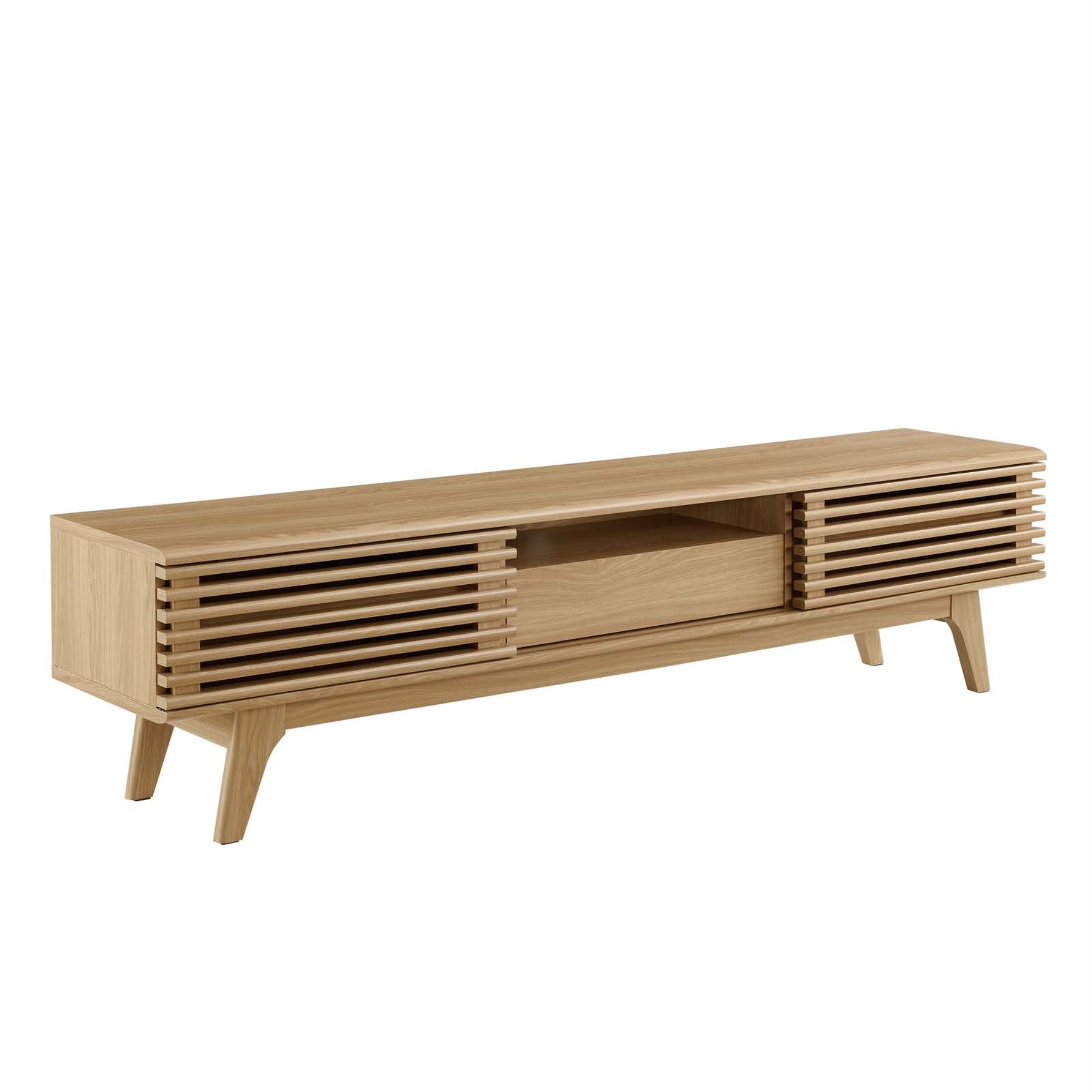 Ergode 70' Tv Stand - Mid-Century Charm, Modern Functionality, Walnut Grain Veneer, Adjustable Shelves, Cable Management, Elegant Design