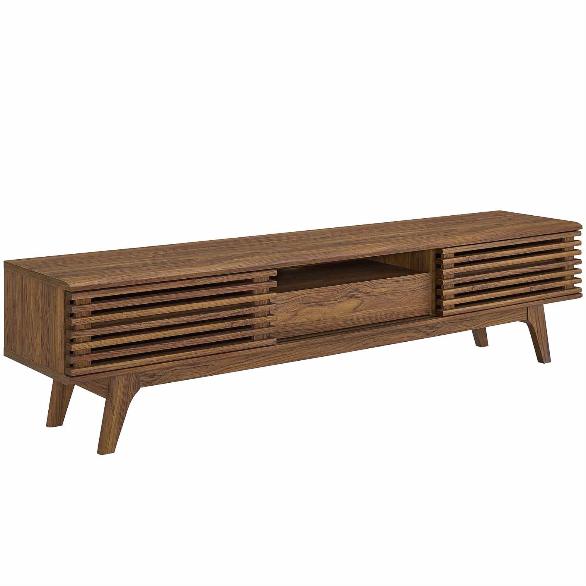 Render 70' Tv Stand - Mid-Century Style, Walnut Veneer, Adjustable Shelves, Cable Management, Sturdy Frame, Modern Functionality'