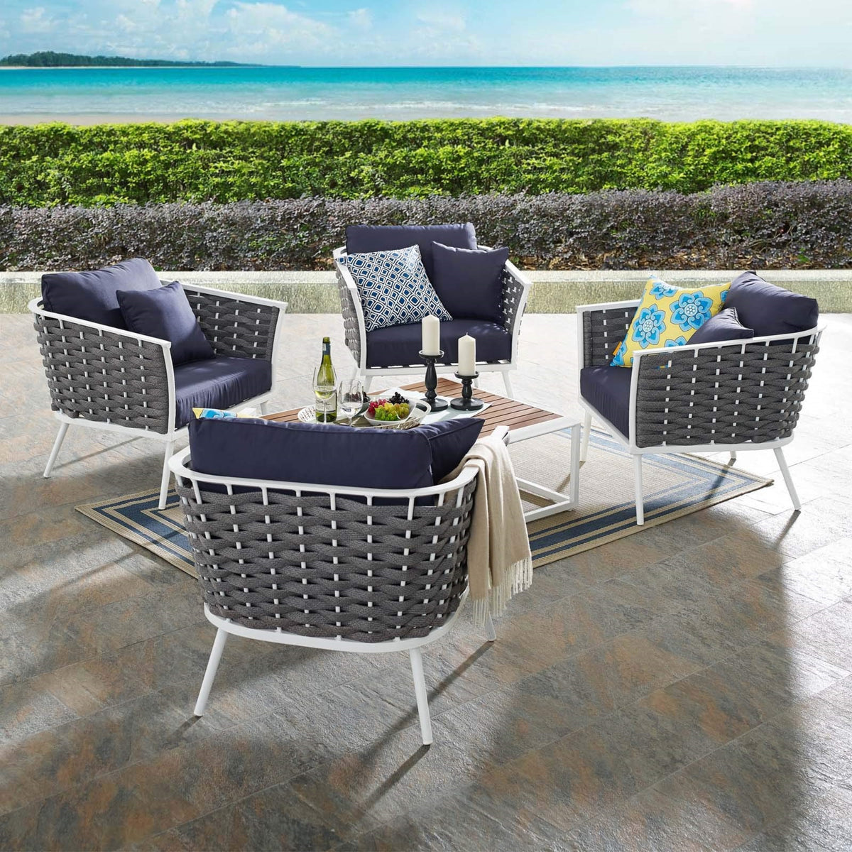 Casafoyer Stance Outdoor Patio Aluminum Sectional Sofa Set, 5 Piece, White Navy