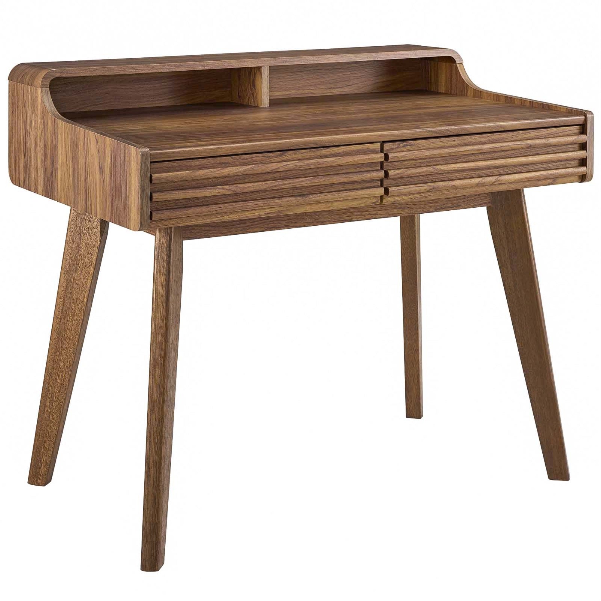Render Writing Desk - Mid-Century Charm | Sturdy Frame | Walnut Grain Laminate | 2 Storage Drawers | Tapered Wood Legs | Ideal For Living Rooms & Bedrooms