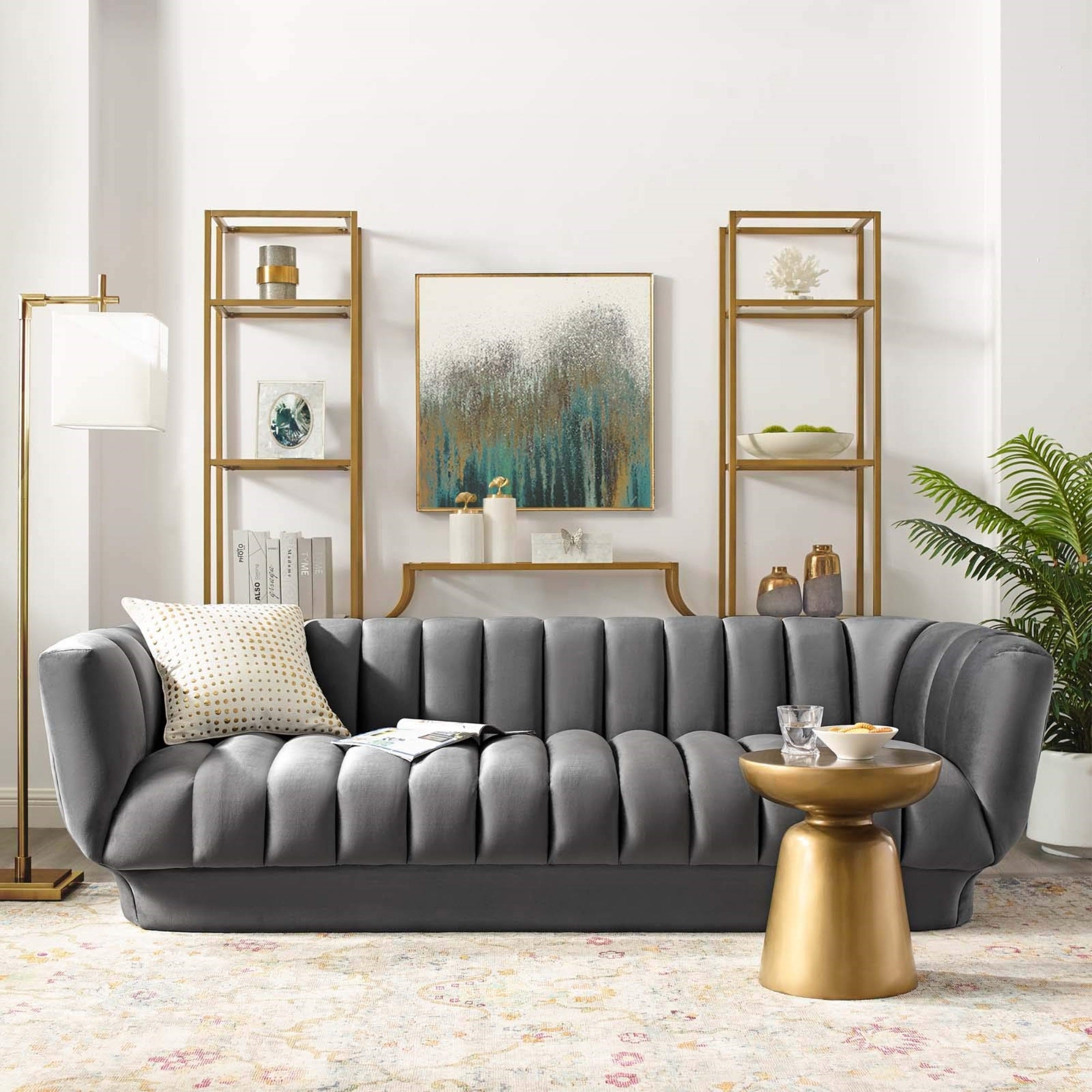 Casafoyer Sofa Entertain Vertical Channel Tufted Performance Velvet Couch In Gray