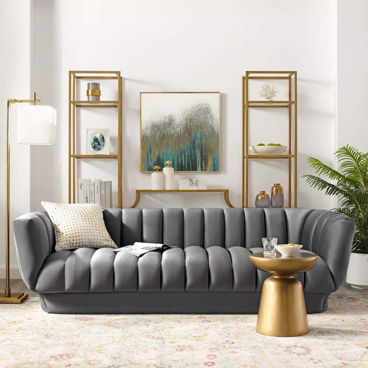 Casafoyer Sofa Entertain Vertical Channel Tufted Performance Velvet Couch In Gray