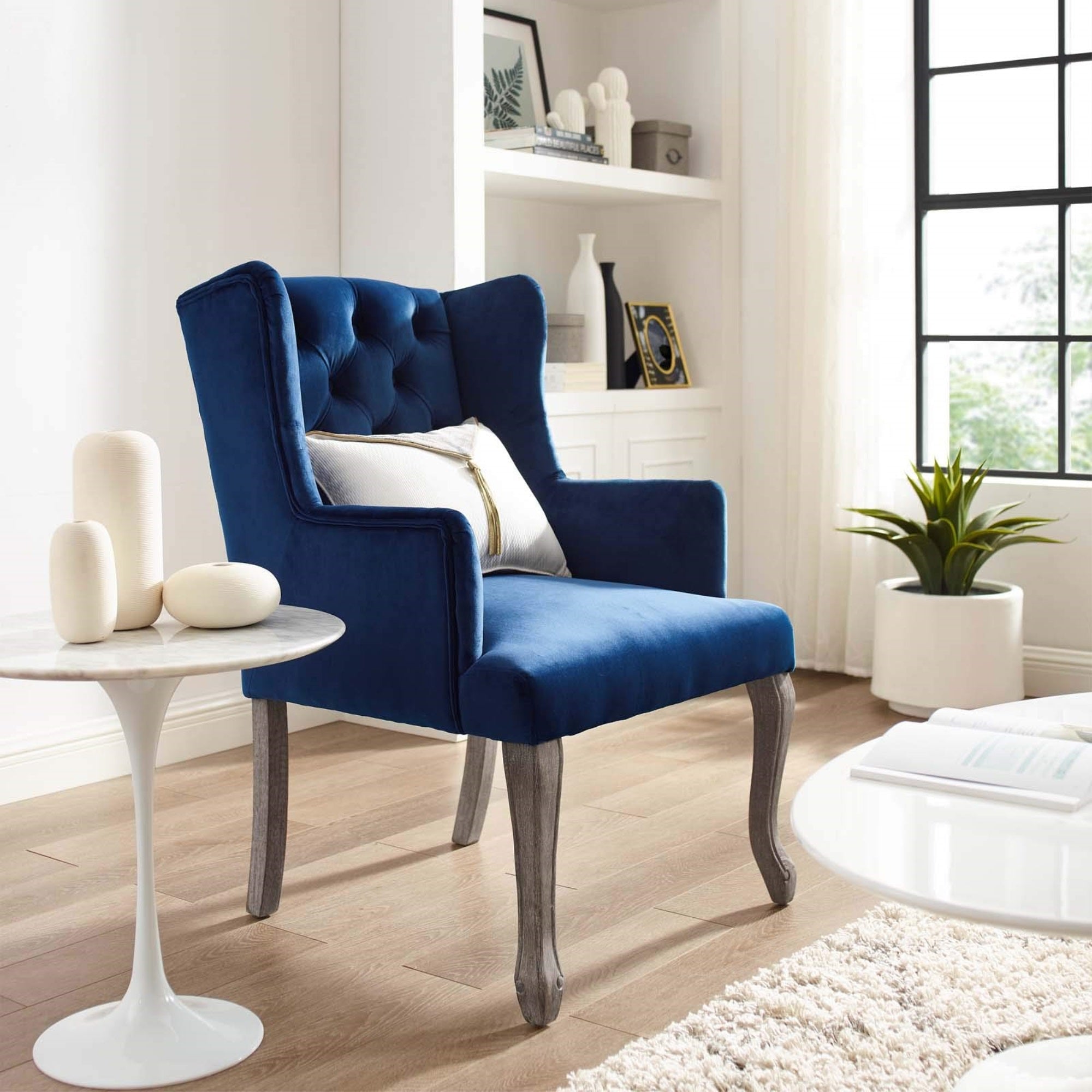 Casafoyer Realm French Vintage Tufted Performance Velvet Kitchen And Dining Room Arm Chair In Navy
