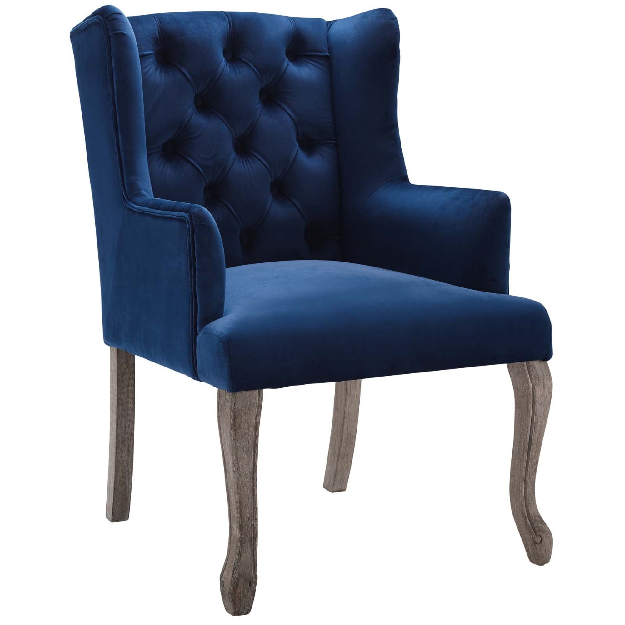 Realm French Vintage Performance Velvet Dining Armchair - Elegant Design, Stain-Resistant Upholstery, Comfortable Foam Padding, Weathered Wood Legs, French Piping - Navy