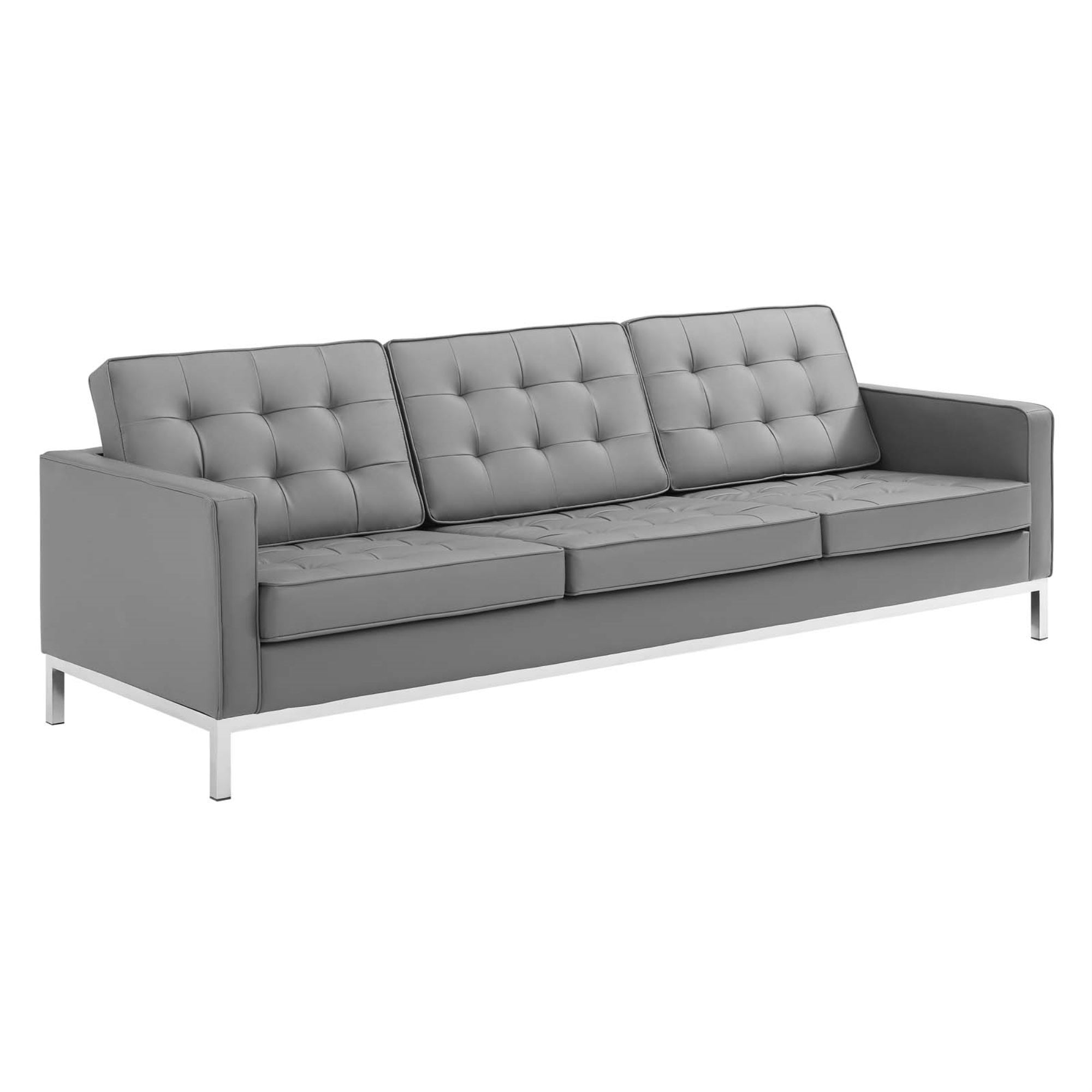 Loft Button Tufted Faux Leather Medium Accent Sofa - Silver Gray, Modern Design, Stainless Steel Frame, 900 Lbs Weight Capacity