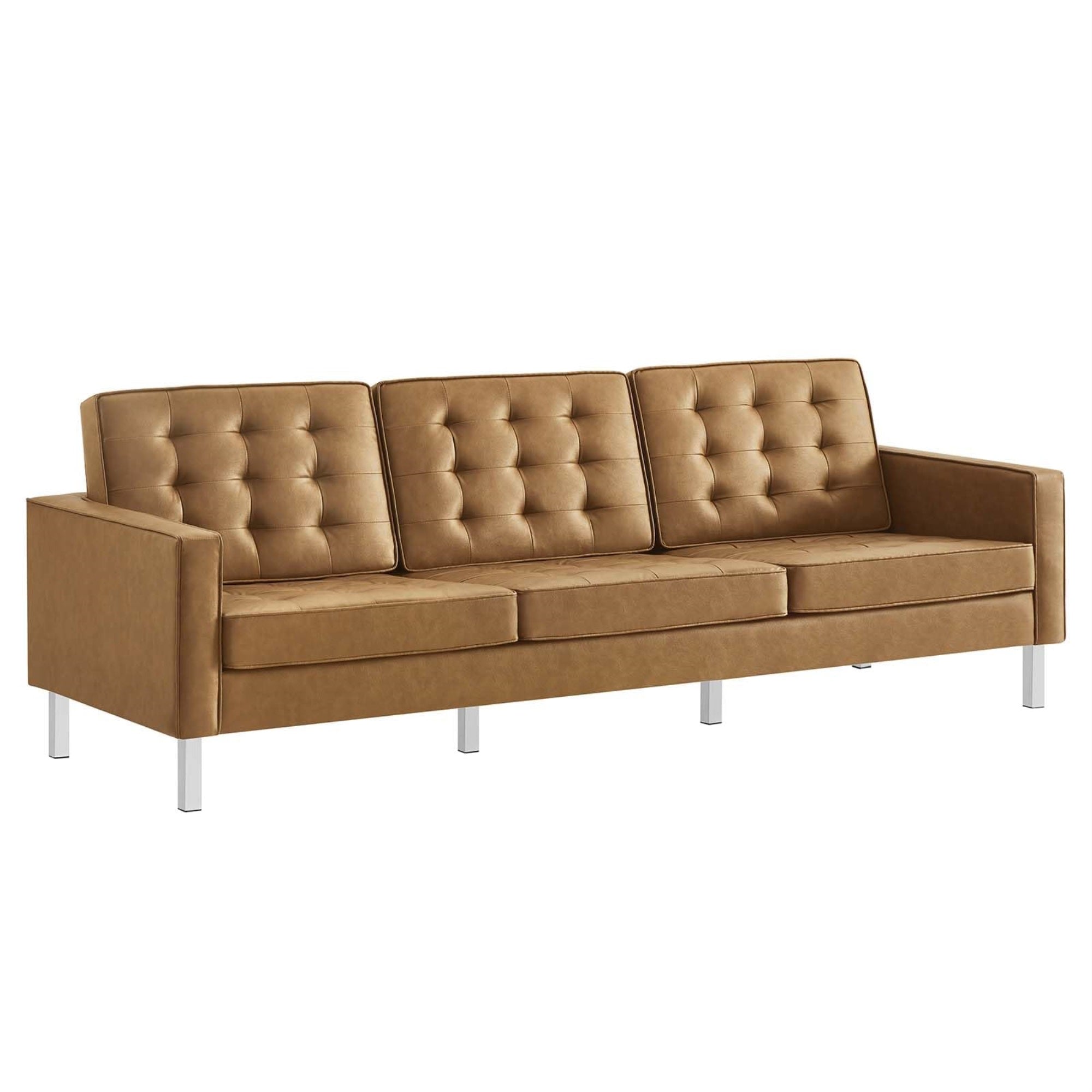 Casafoyer Loft Tufted Button Faux Leather Upholstered Sofa In Silver Tan