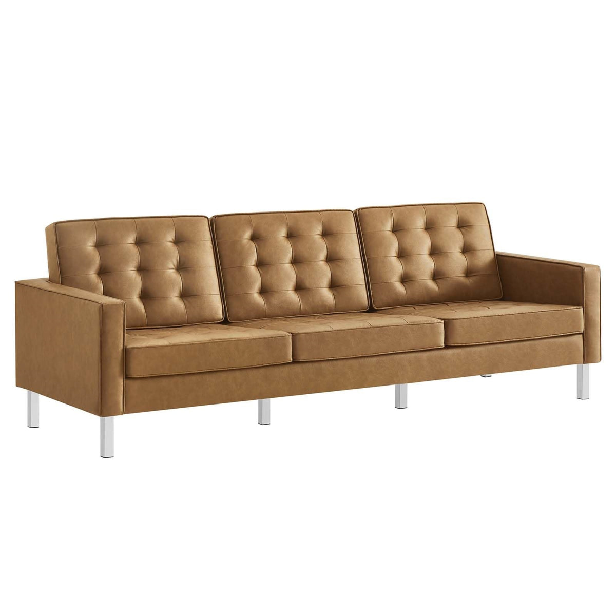 Casafoyer Loft Tufted Button Faux Leather Upholstered Sofa In Silver Tan
