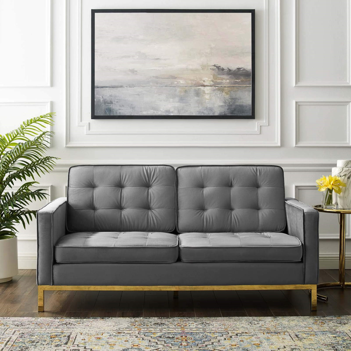 Casafoyer Loft Tufted Button Performance Velvet Upholstered Loveseat In Gold Gray