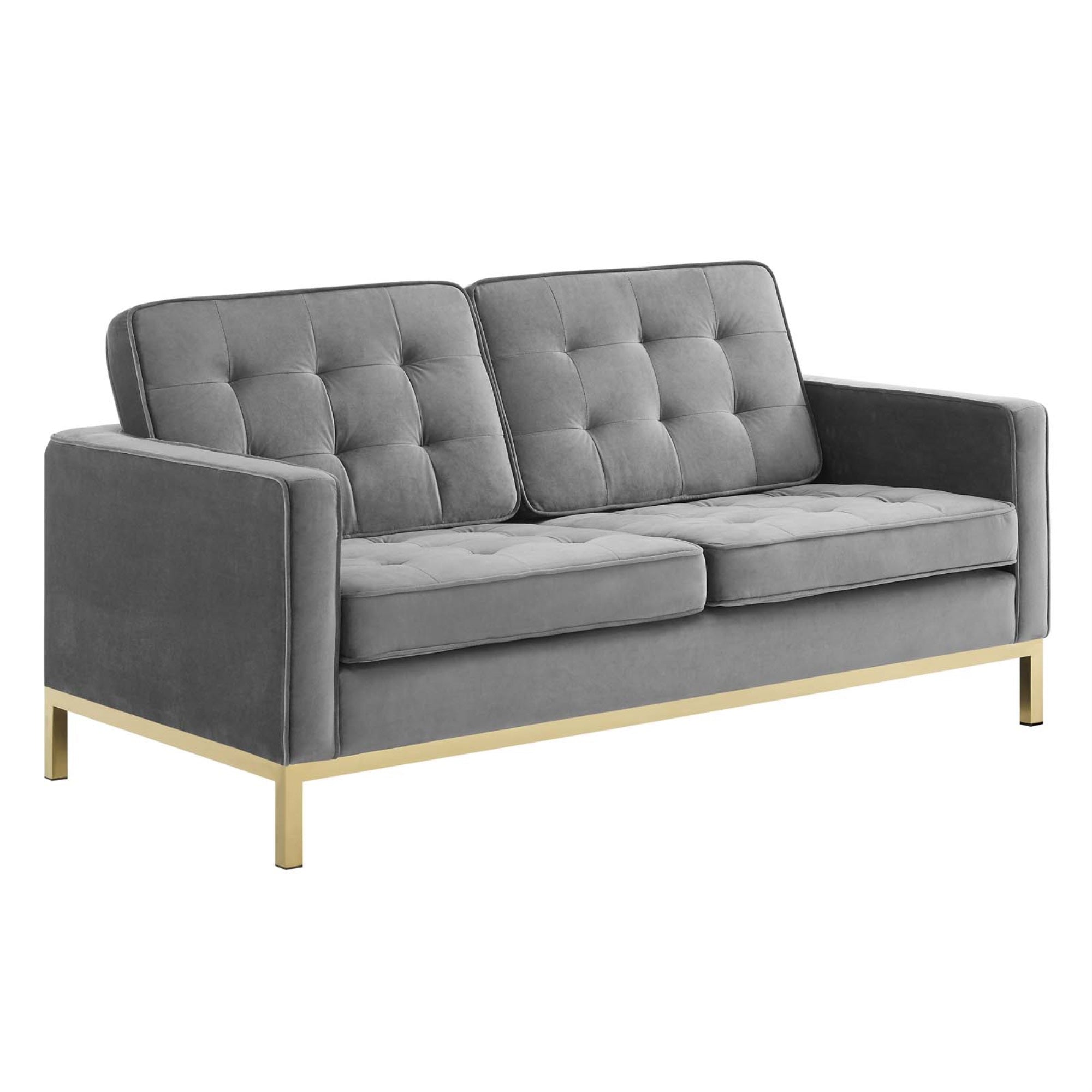Loft Button Tufted Performance Velvet Loveseat - Retro Modern Style, Durable Upholstery, Gold Stainless Steel Legs. Supports Up To 600 Lbs.