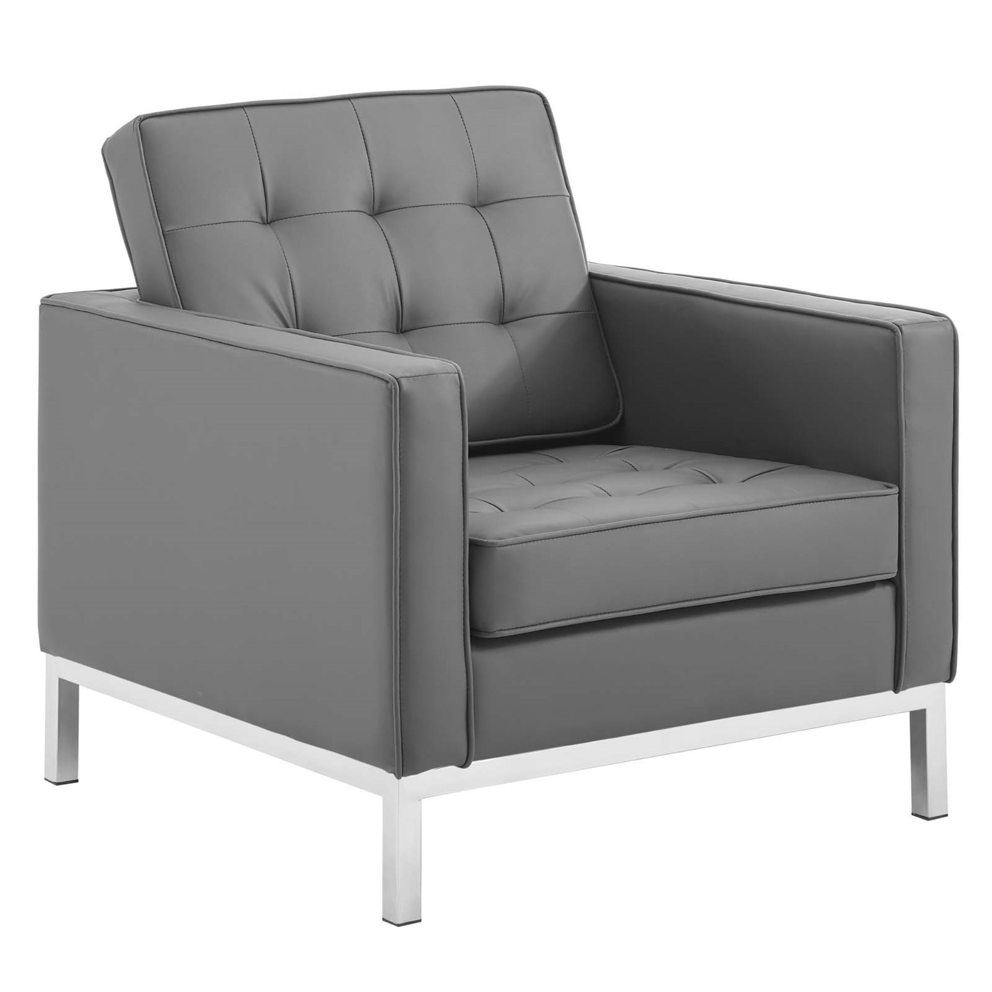 Loft Button Tufted Faux Leather Accent Armchair - Silver Gray, Modern Design, Stainless Steel Frame, Soft & Durable Upholstery, 300 Lbs Weight Capacity