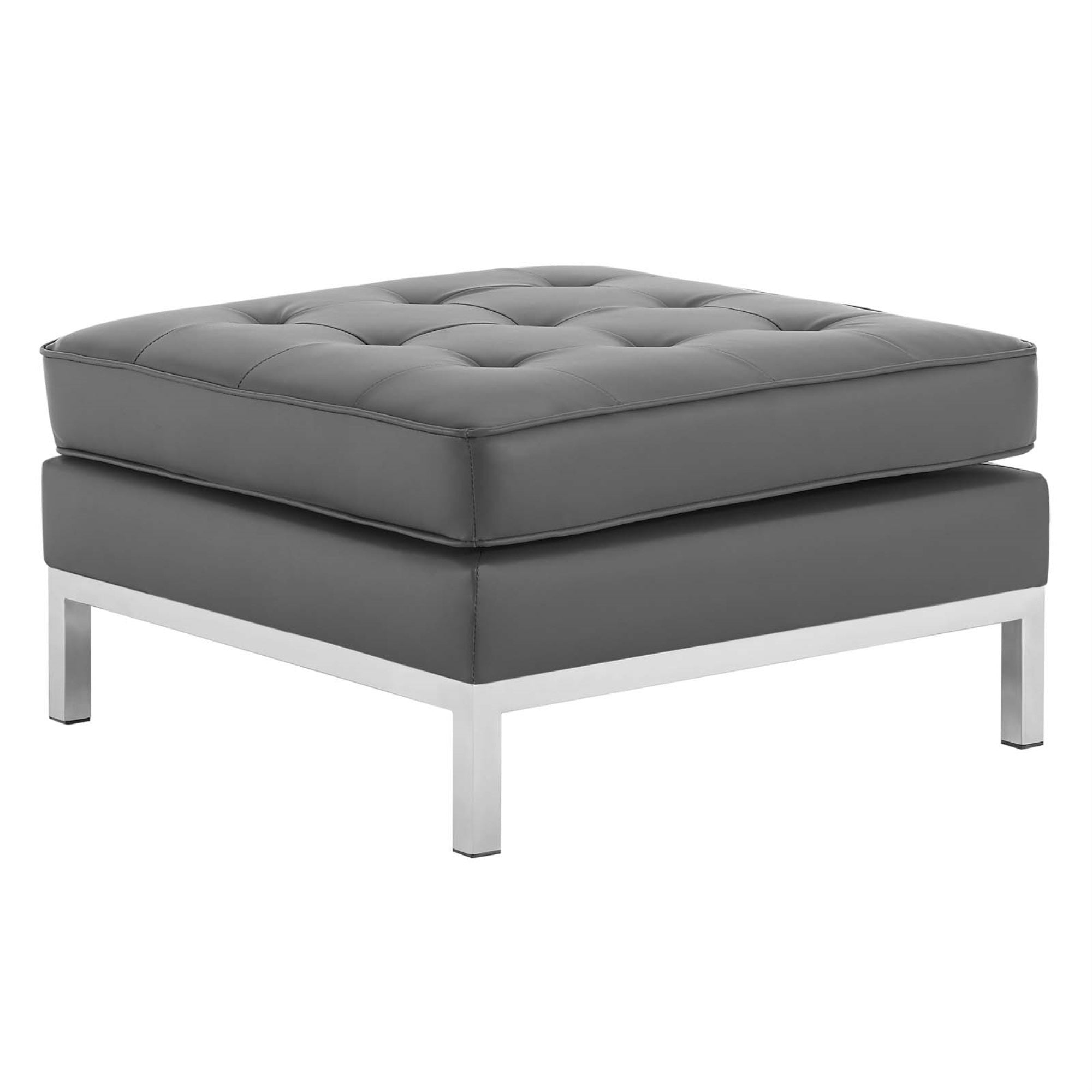 Loft Tufted Button Faux Leather Ottoman - Timeless Design, Luxurious Upholstery, Stainless Steel Frame, Silver Legs - 300 Lb Weight Capacity