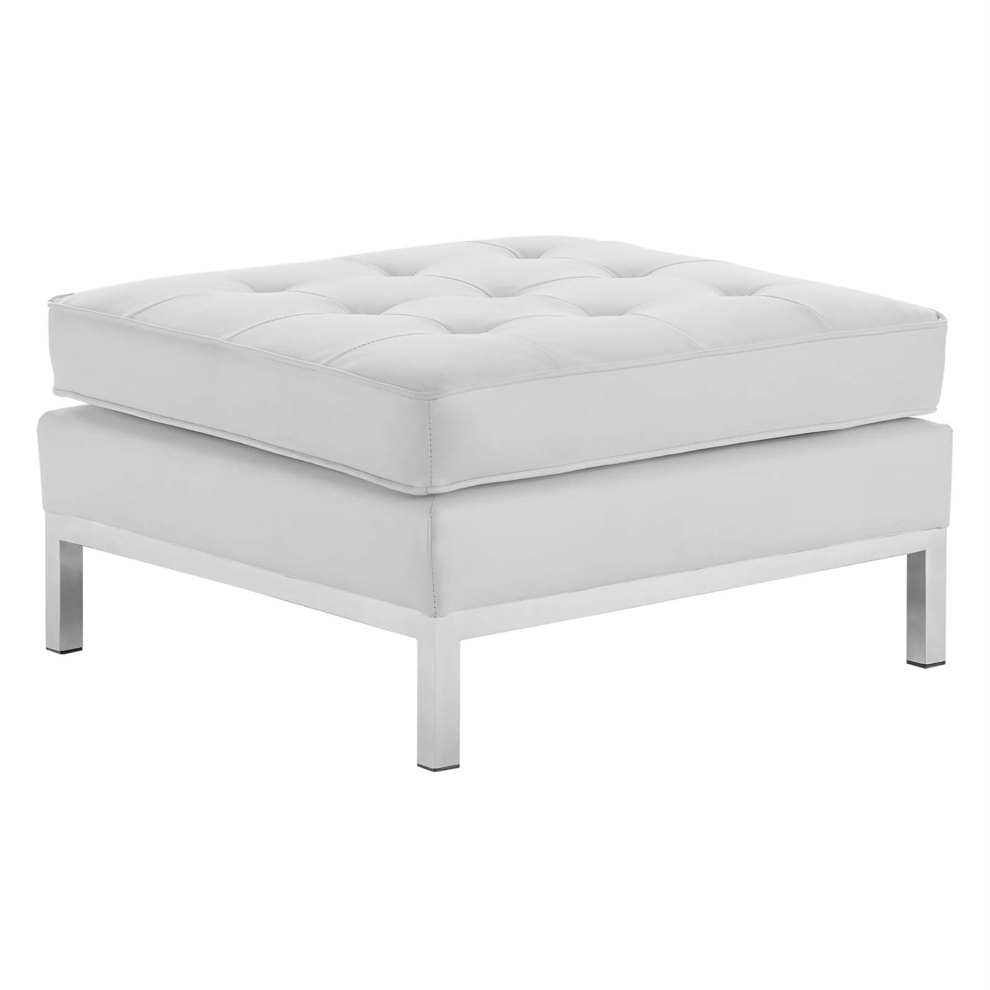 Loft Tufted Button Faux Leather Ottoman - Luxurious Upholstery, Sleek Design, Stainless Steel Frame, Non-Marking Foot Caps. Supports Up To 300 Lbs.