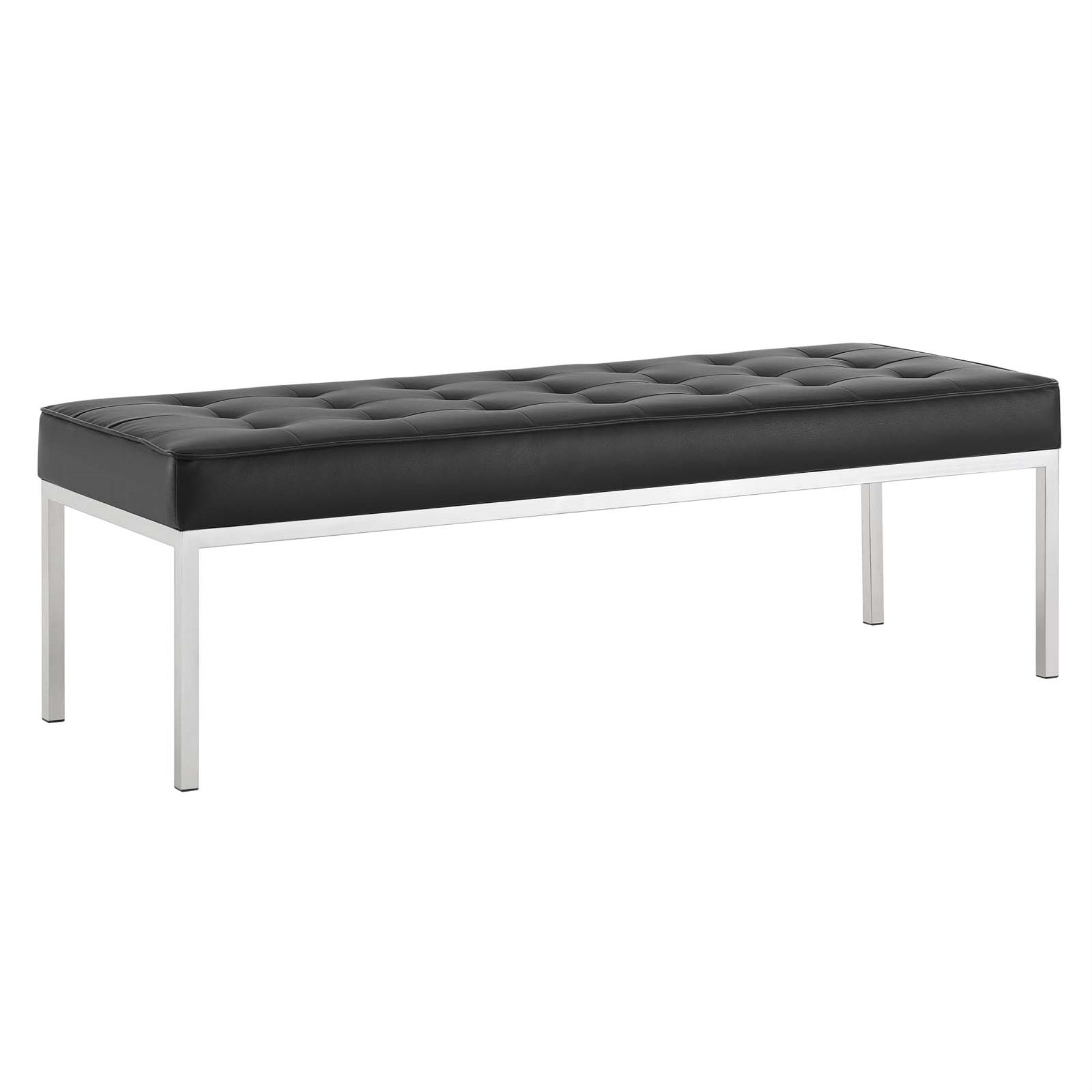 Loft Tufted Large Upholstered Faux Leather Bench Silver Black