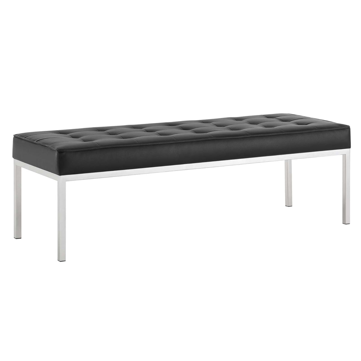 Loft Tufted Large Upholstered Faux Leather Bench Silver Black