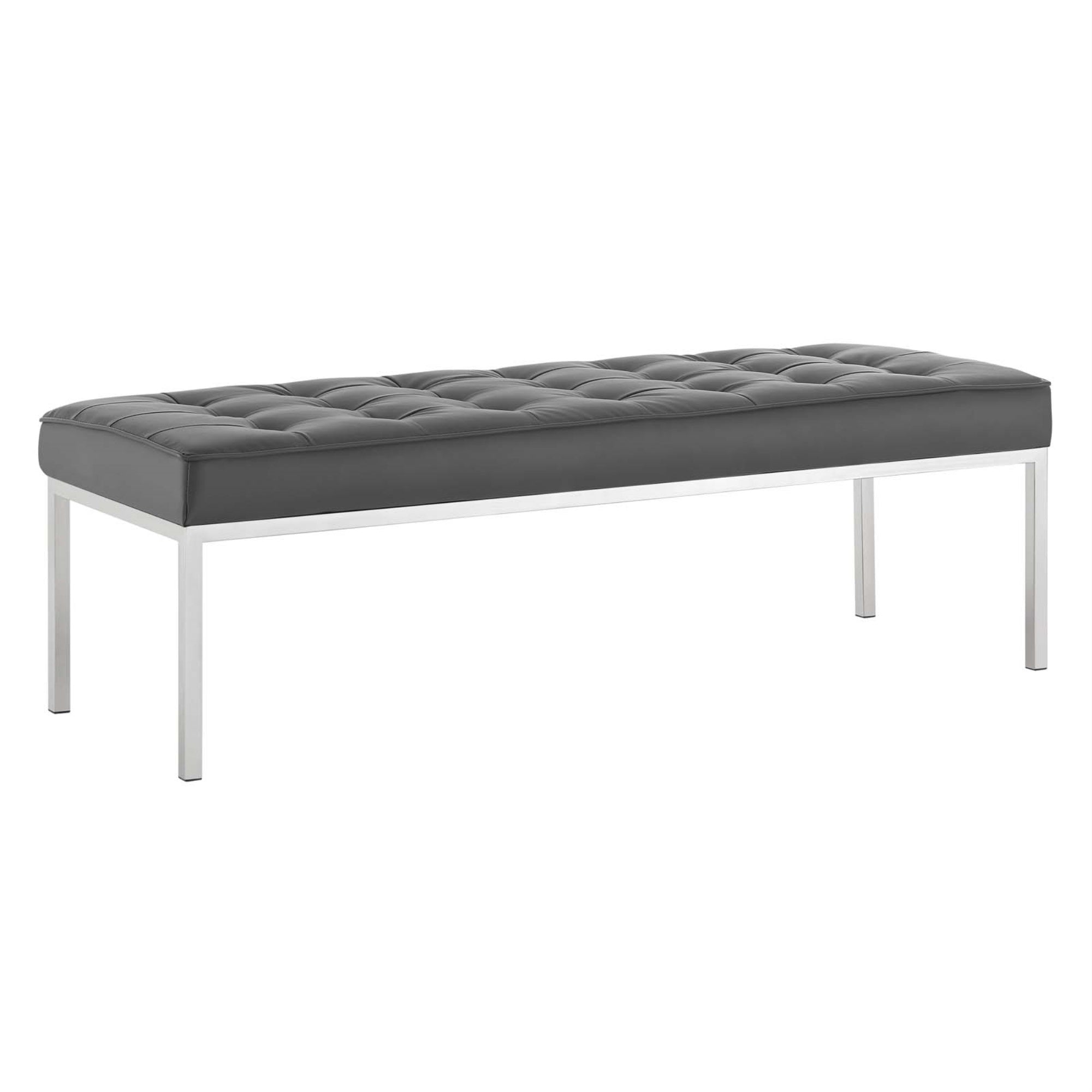 Loft Tufted Button Faux Leather Accent Entryway Bench - Silver Gray, Mid-Century Modern Style, Stainless Steel Frame, 300 Lbs Weight Capacity