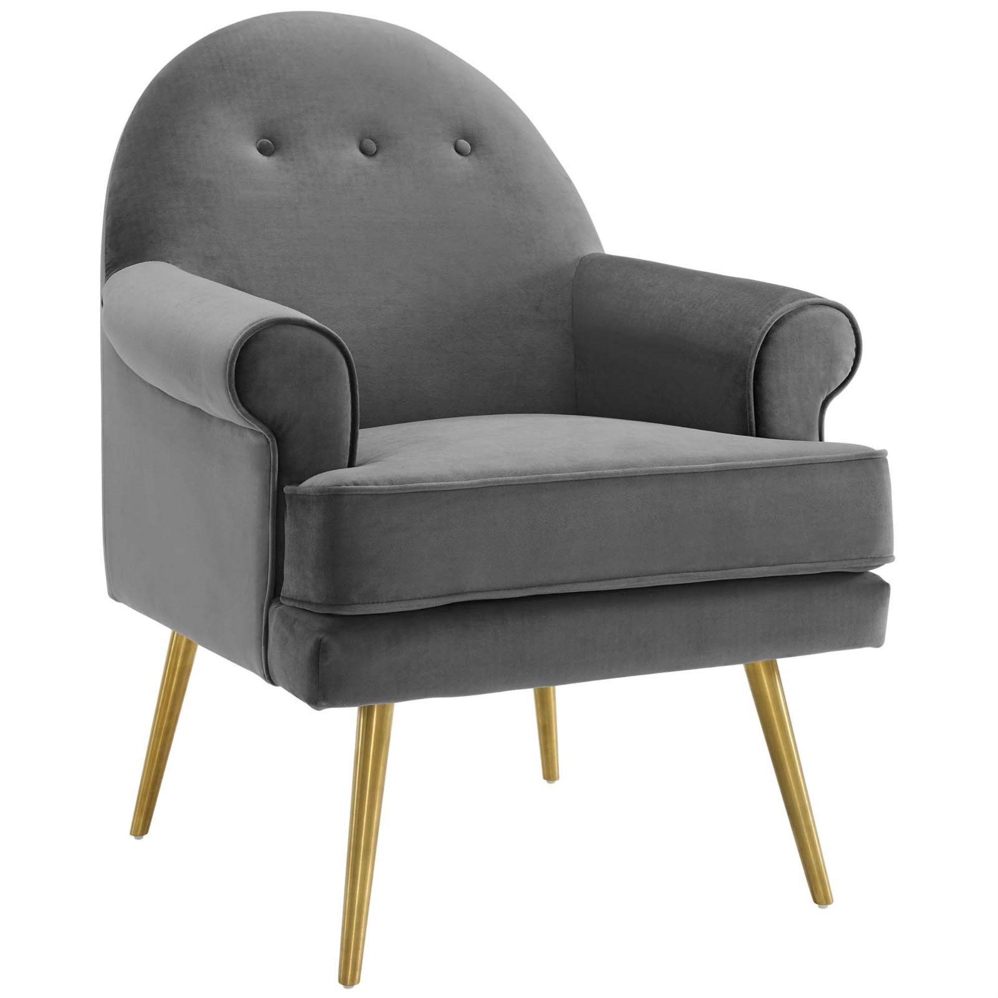 Revive Accent Armchair - Vintage Glam Design, Gold Stainless Steel Legs, Performance Velvet Upholstery, Comfortable Foam Padding - Gray