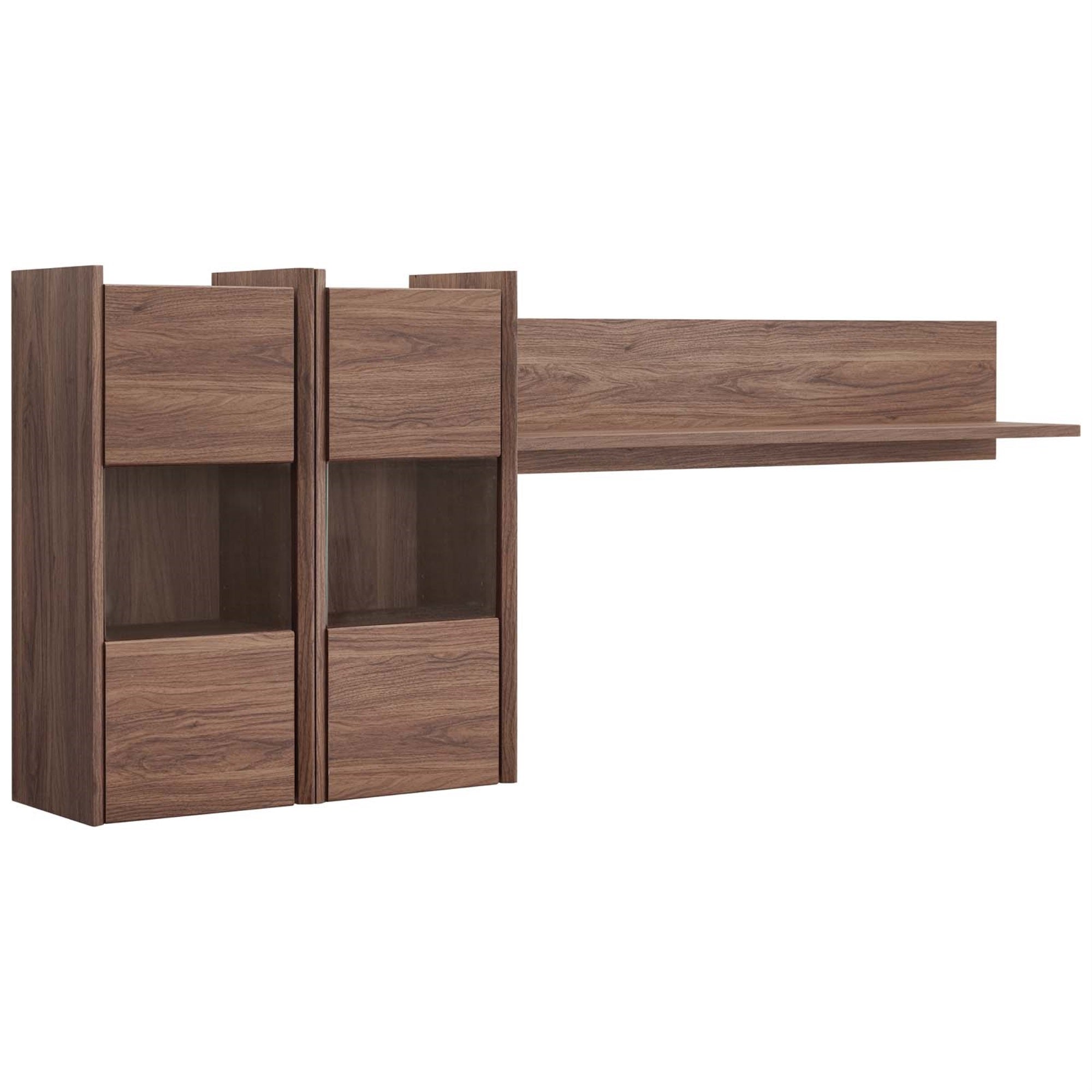 Visionary Wall Mounted Shelves - Mid-Century Design, Walnut Grain Laminate, 4 Cubbies With Hinged Doors, Open Shelf, Glass Display Spaces