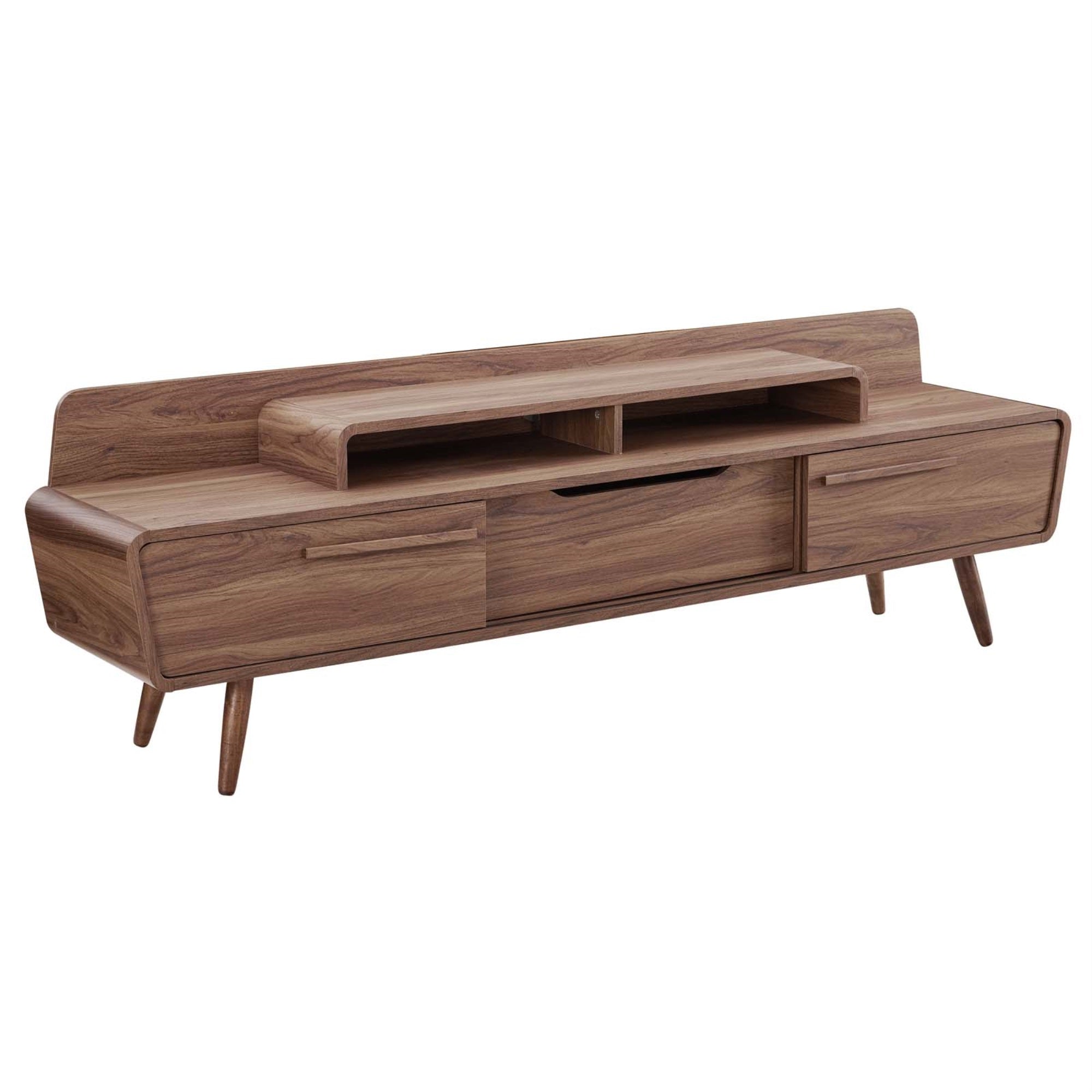Omnistand 74' Tv Stand - Mid-Century Charm, Walnut Finish, Ample Storage, Cable Management, Splayed Legs, Sliding Doors, Contemporary Style