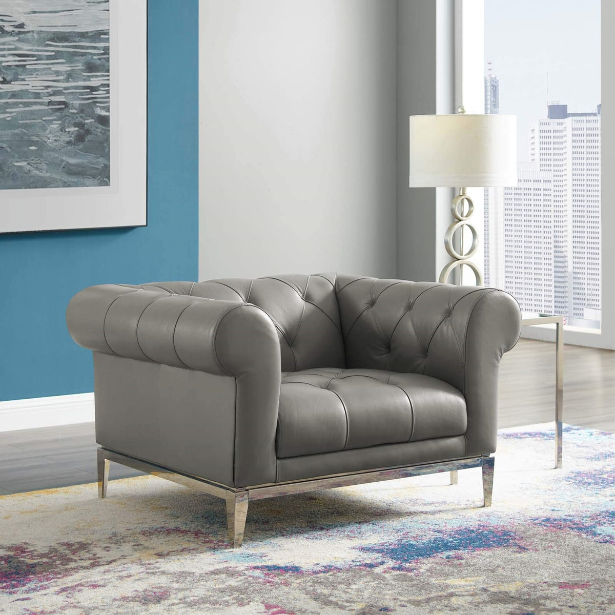 Casafoyer Idyll Tufted Button Upholstered Leather Chesterfield Armchair, Gray