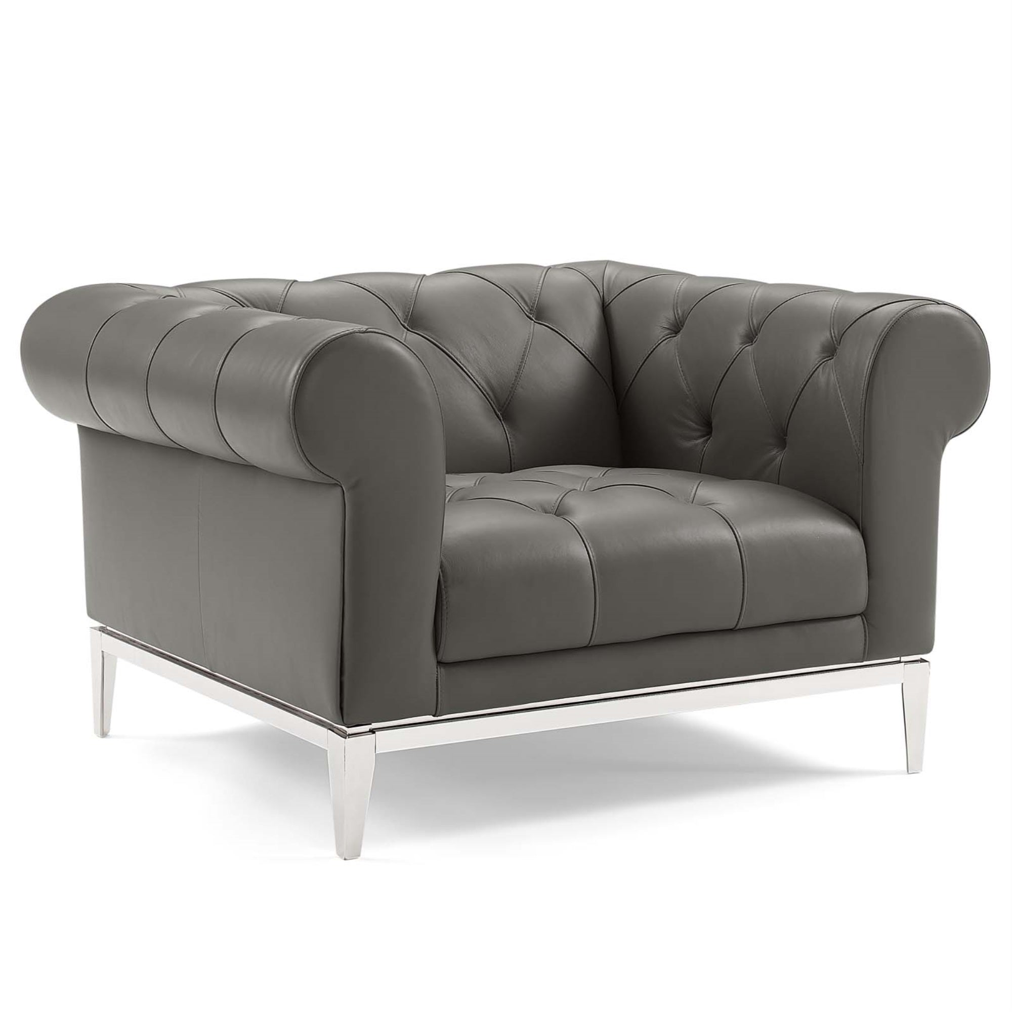 Idyll Tufted Button Upholstered Leather Chesterfield Armchair Gray