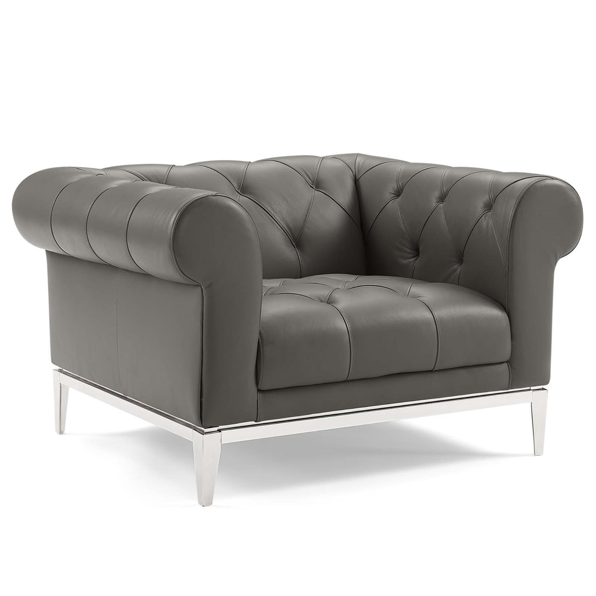 Idyll Tufted Button Upholstered Leather Chesterfield Armchair Gray