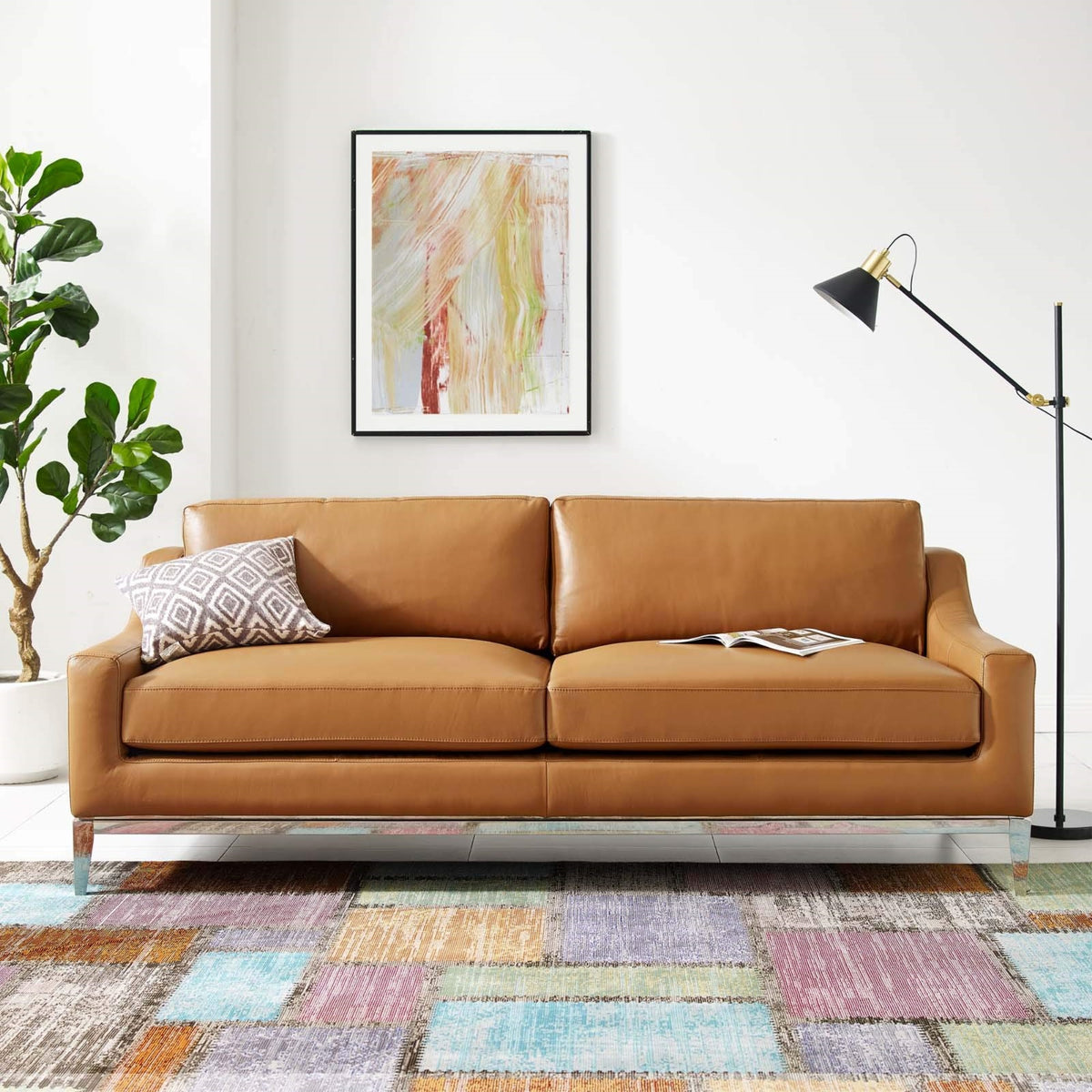 Casafoyer Harness 83.5' Leather Sofa In Tan With Stainless Steel Base