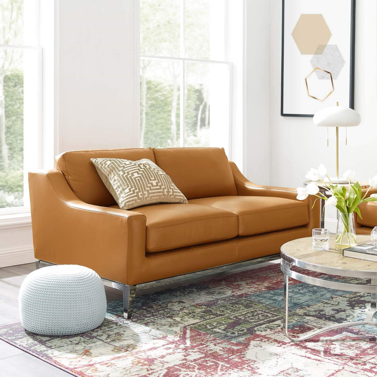 Casafoyer Harness 64' Leather Loveseat In Tan With Stainless Steel Base