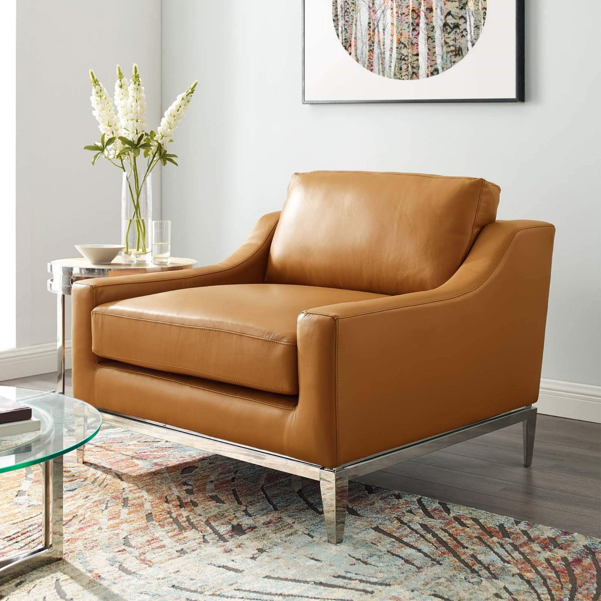 Casafoyer Harness Stainless Steel Base Leather Armchair, Tan