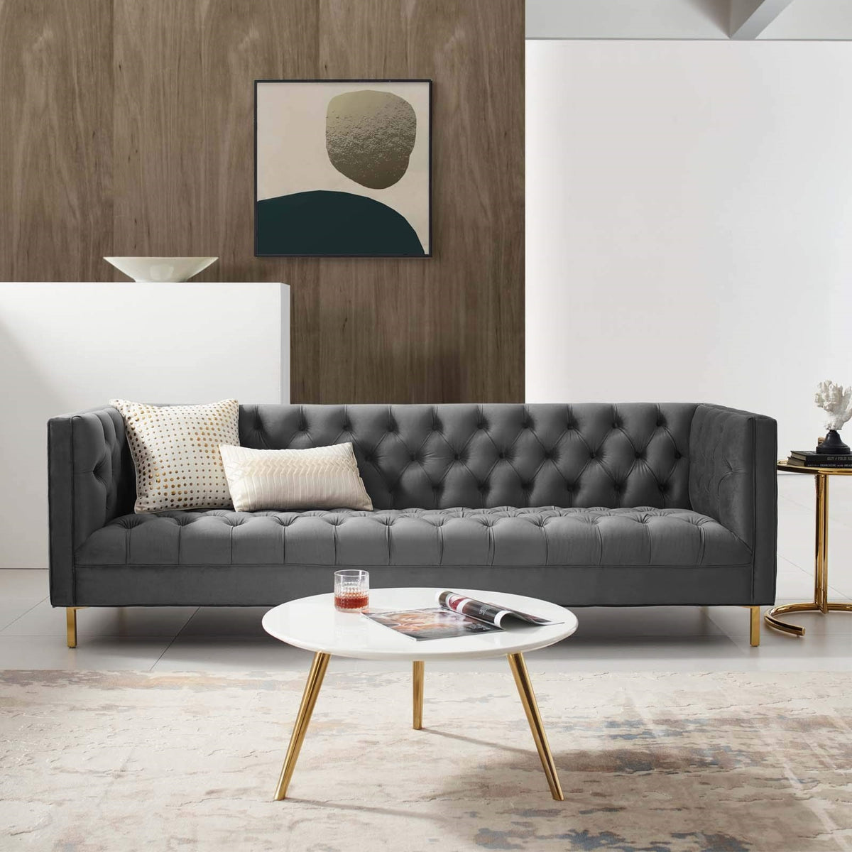Casafoyer Delight Tufted Button Performance Velvet Tuxedo Sofa With Gold Stainless Steel Legs In Gray