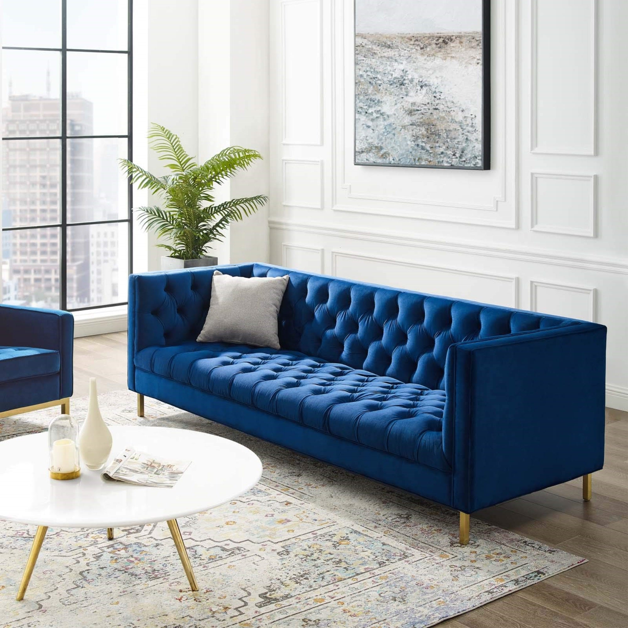 Casafoyer Delight Tufted Button Performance Velvet Tuxedo Sofa With Gold Stainless Steel Legs In Navy