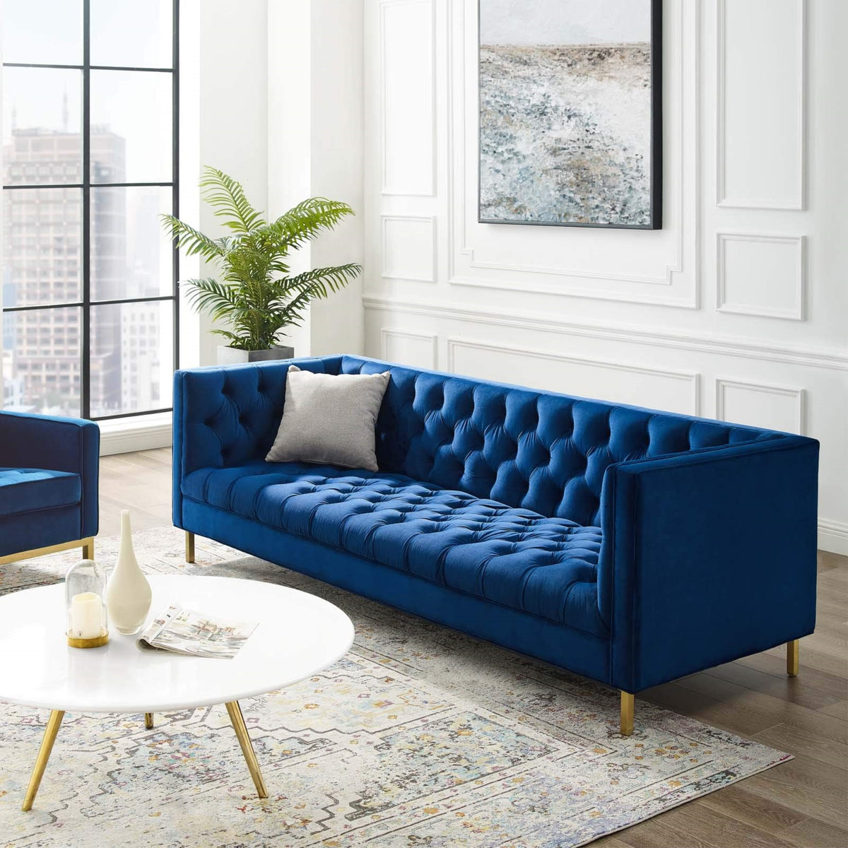 Casafoyer Delight Tufted Button Performance Velvet Tuxedo Sofa With Gold Stainless Steel Legs In Navy