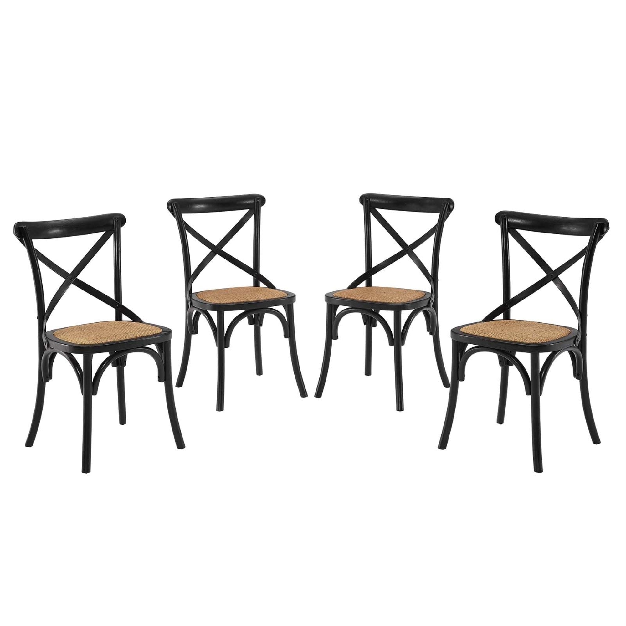Casafoyer Gear Rustic Modern Farmhouse Elm Wood Rattan Four Dining Chairs In Black