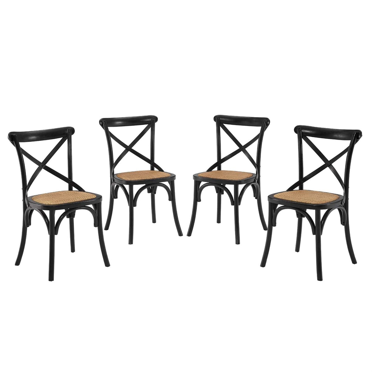 Casafoyer Gear Rustic Modern Farmhouse Elm Wood Rattan Four Dining Chairs In Black