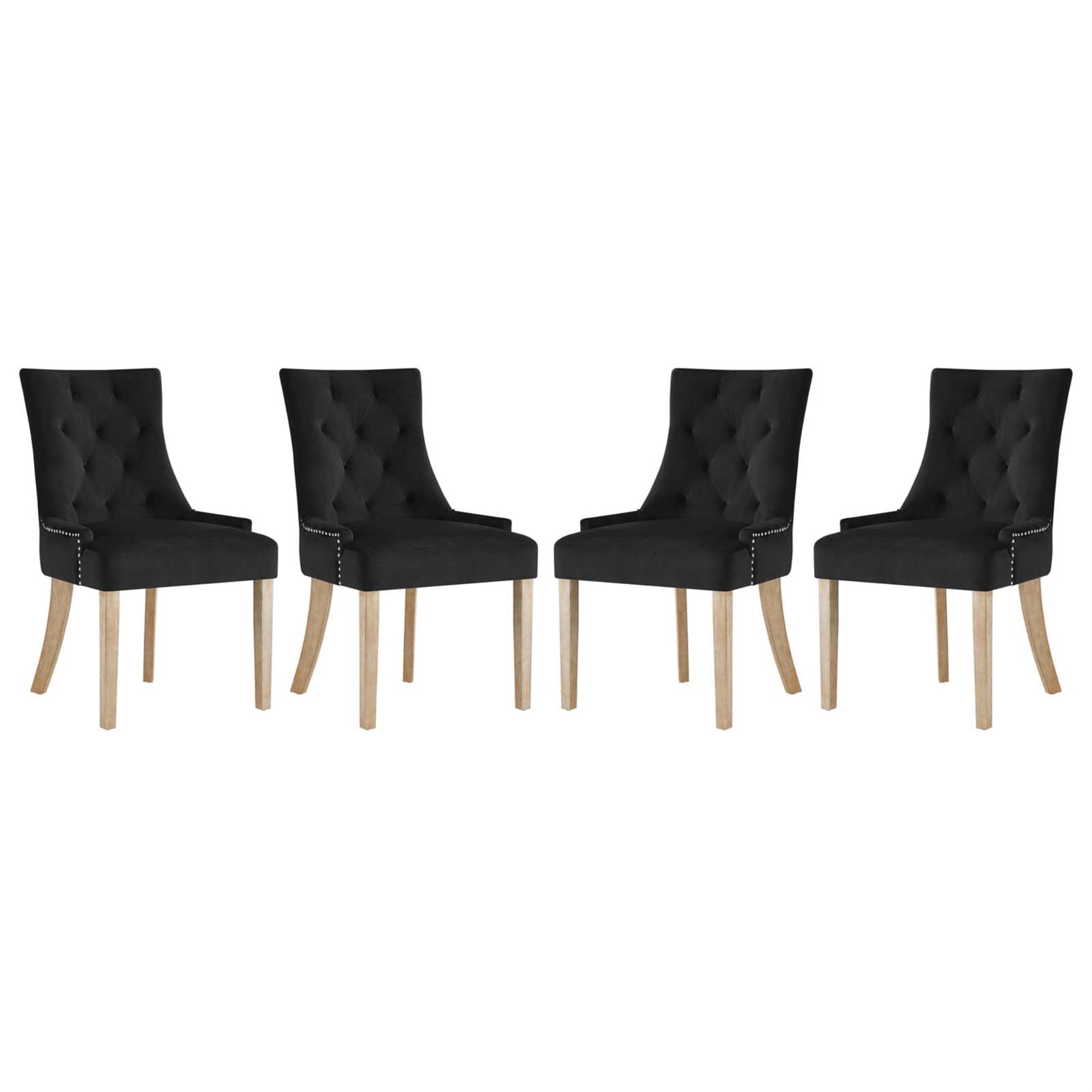 Pose Performance Velvet Dining Chair Set - Modern Farmhouse Style, Tufted, Nailhead Trim, Stain-Resistant, Metal Ring Back, Natural Wood Legs - Set Of 4
