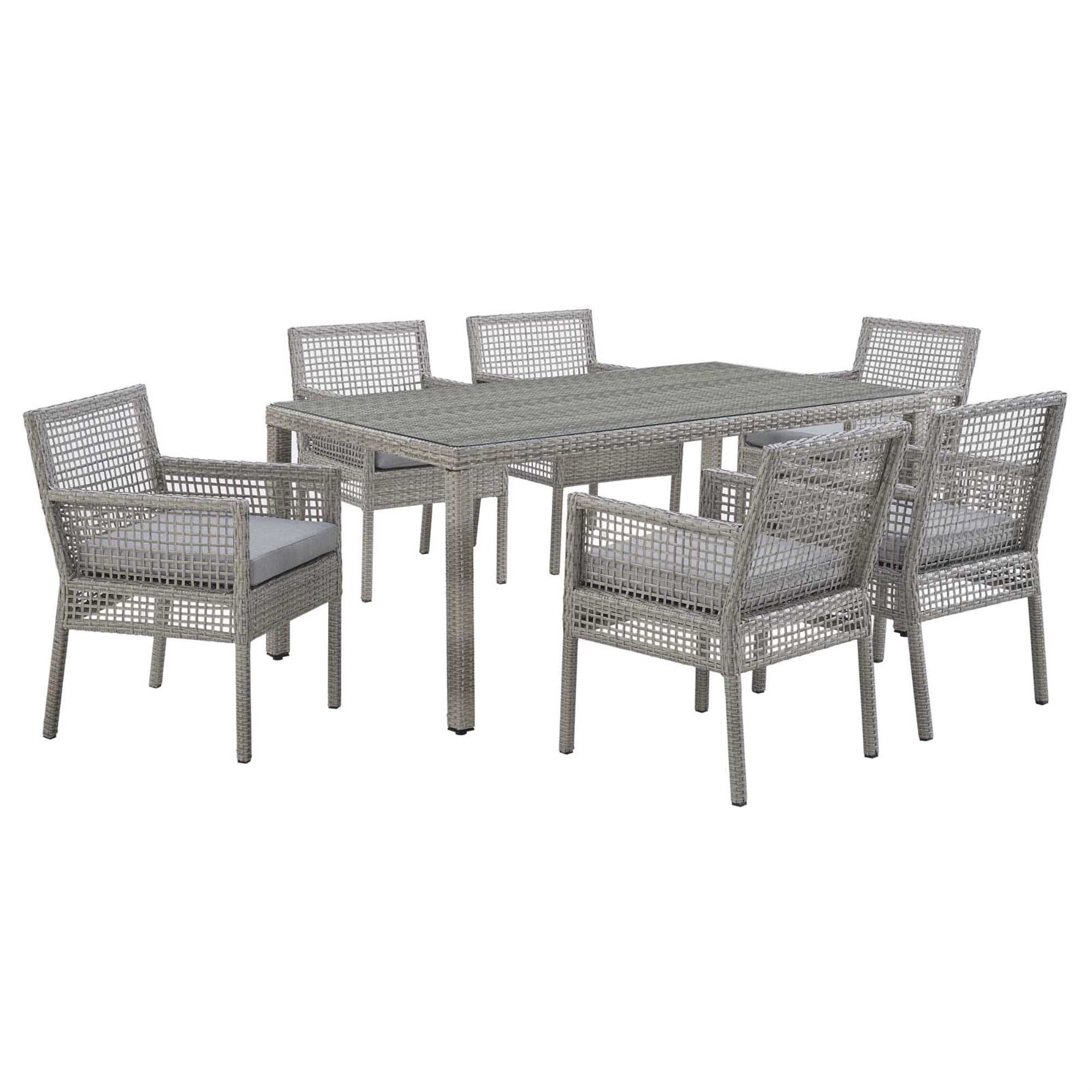 Aura Outdoor Patio Collection - 7 Piece Wicker Rattan Set | Gray-On-Gray Weave | Powder-Coated Aluminum Frame | Machine Washable Cushions | Non-Marking Foot Caps | Ideal For Patio, Backyard, Poolside Gatherings
