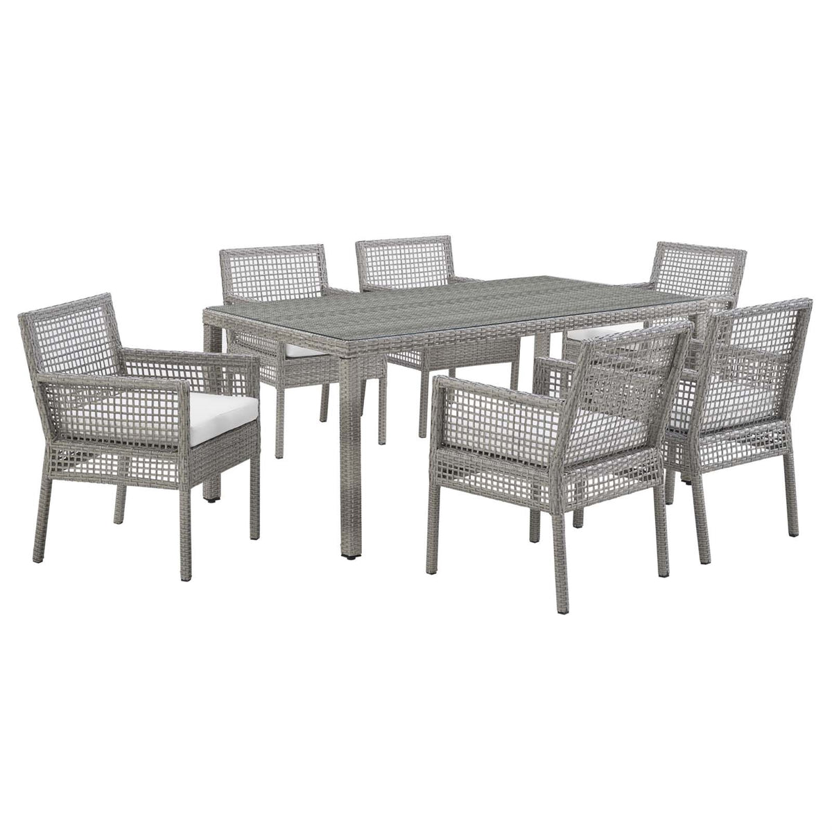 Aura Outdoor Patio Collection - Gray-On-Gray Wicker Rattan Set With 68' Table & 6 Armchairs. All-Weather Cushions, Non-Marking Foot Caps.