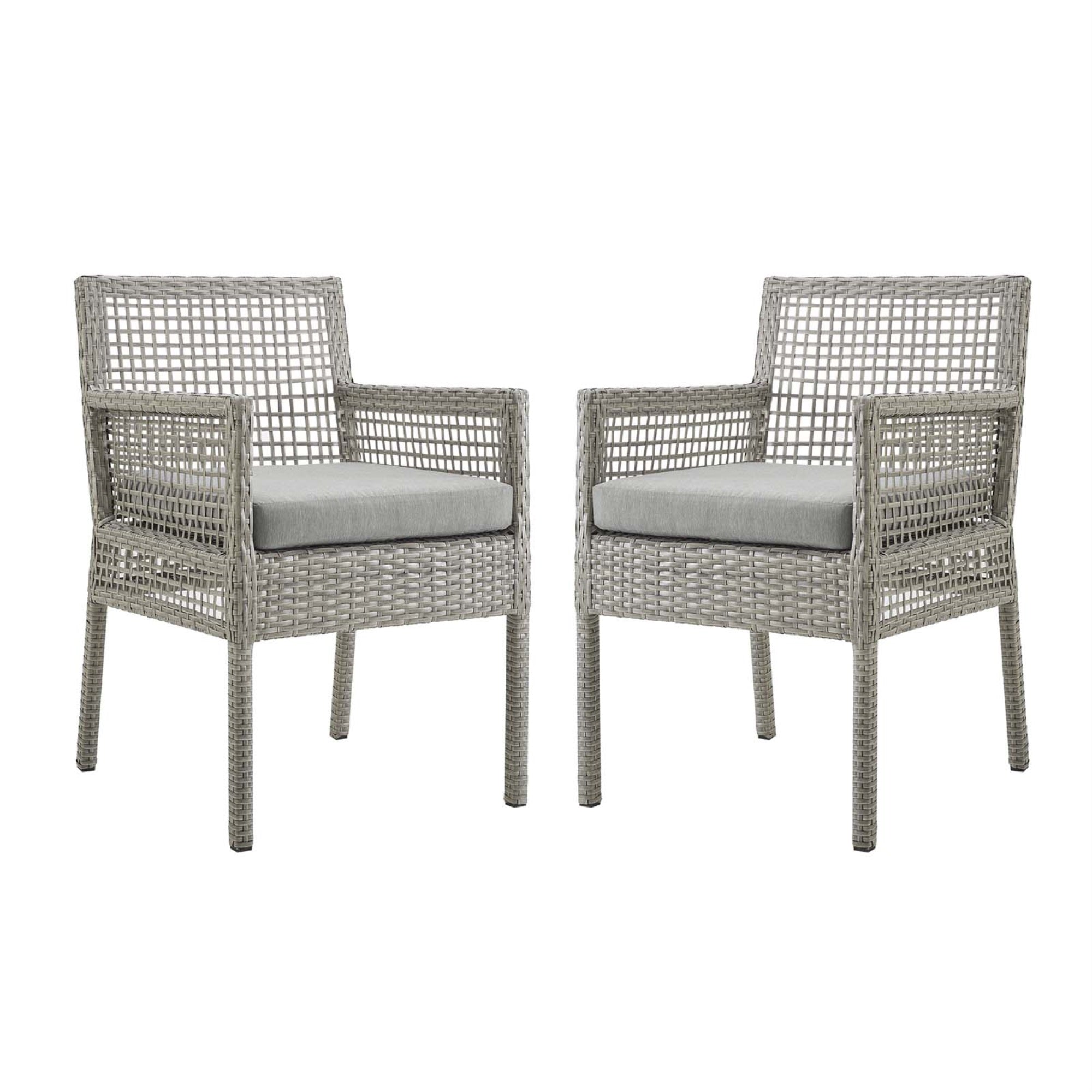 Aura Outdoor Patio Dining Arm Chair Set Of 2 - Stylish Gray Wicker Rattan, Powder-Coated Aluminum Frame, All-Weather Cushions, Non-Marking Foot Caps