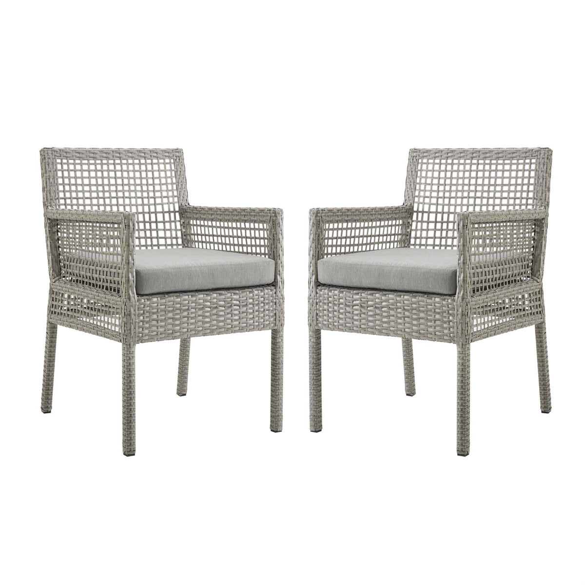 Aura Outdoor Patio Dining Arm Chair Set Of 2 - Stylish Gray Wicker Rattan, Powder-Coated Aluminum Frame, All-Weather Cushions, Non-Marking Foot Caps