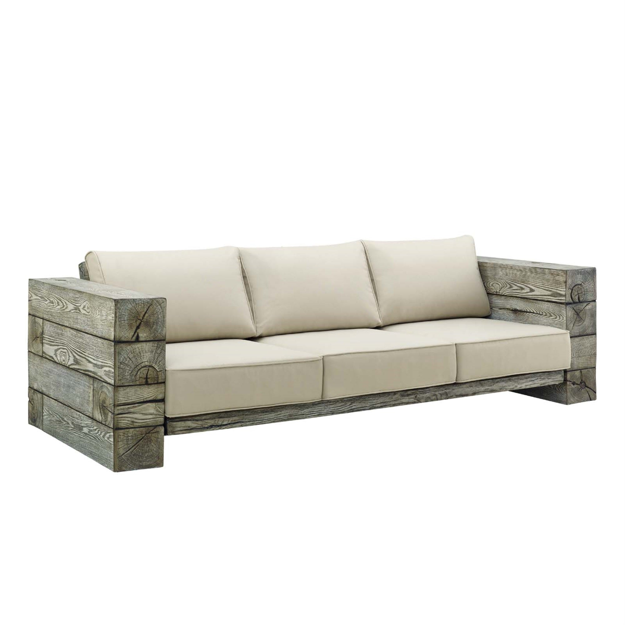 Manteo Outdoor Patio Sofa - Rustic Coastal Design, Driftwood Texture, All-Weather Cushions, Sturdy & Reliable, Perfect For Outdoor Spaces.
