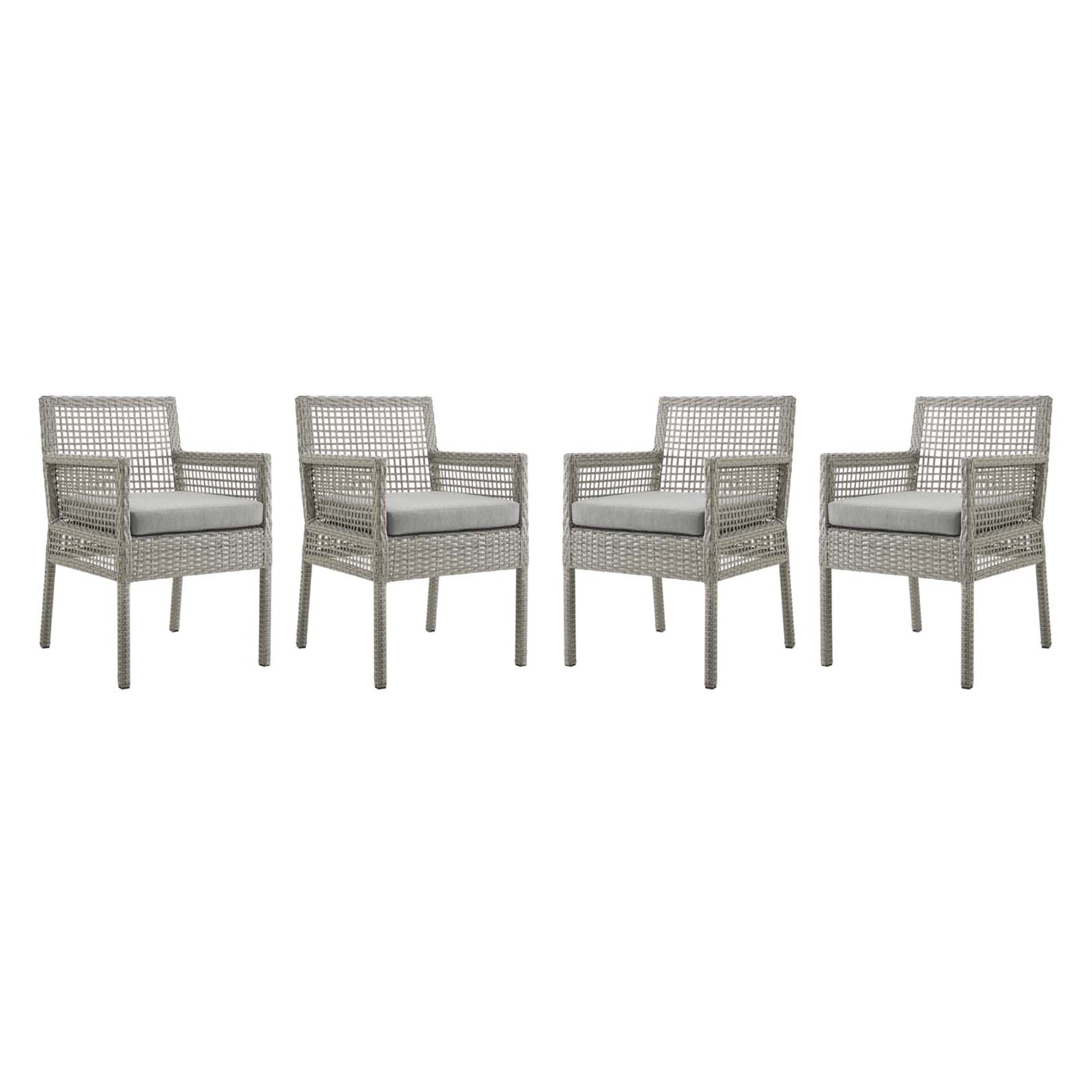 Aura Outdoor Patio Dining Arm Chair Set Of 4 - Gray Wicker Rattan, Aluminum Frame, All-Weather Cushion, Non-Marking Foot Caps
