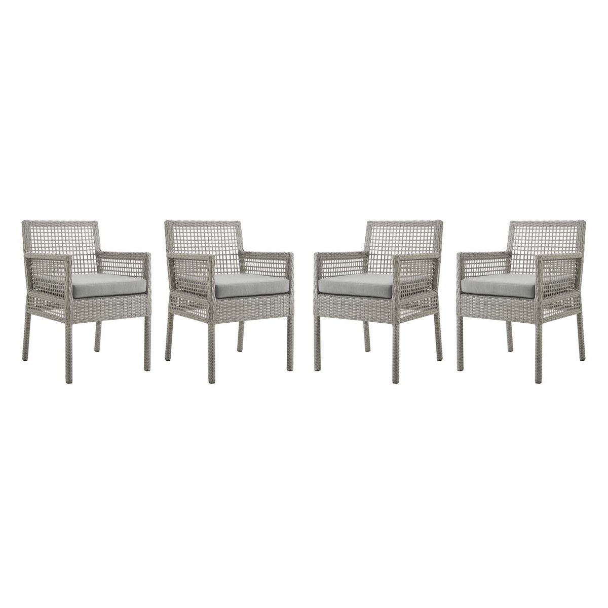 Aura Outdoor Patio Dining Arm Chair Set Of 4 - Gray Wicker Rattan, Aluminum Frame, All-Weather Cushion, Non-Marking Foot Caps