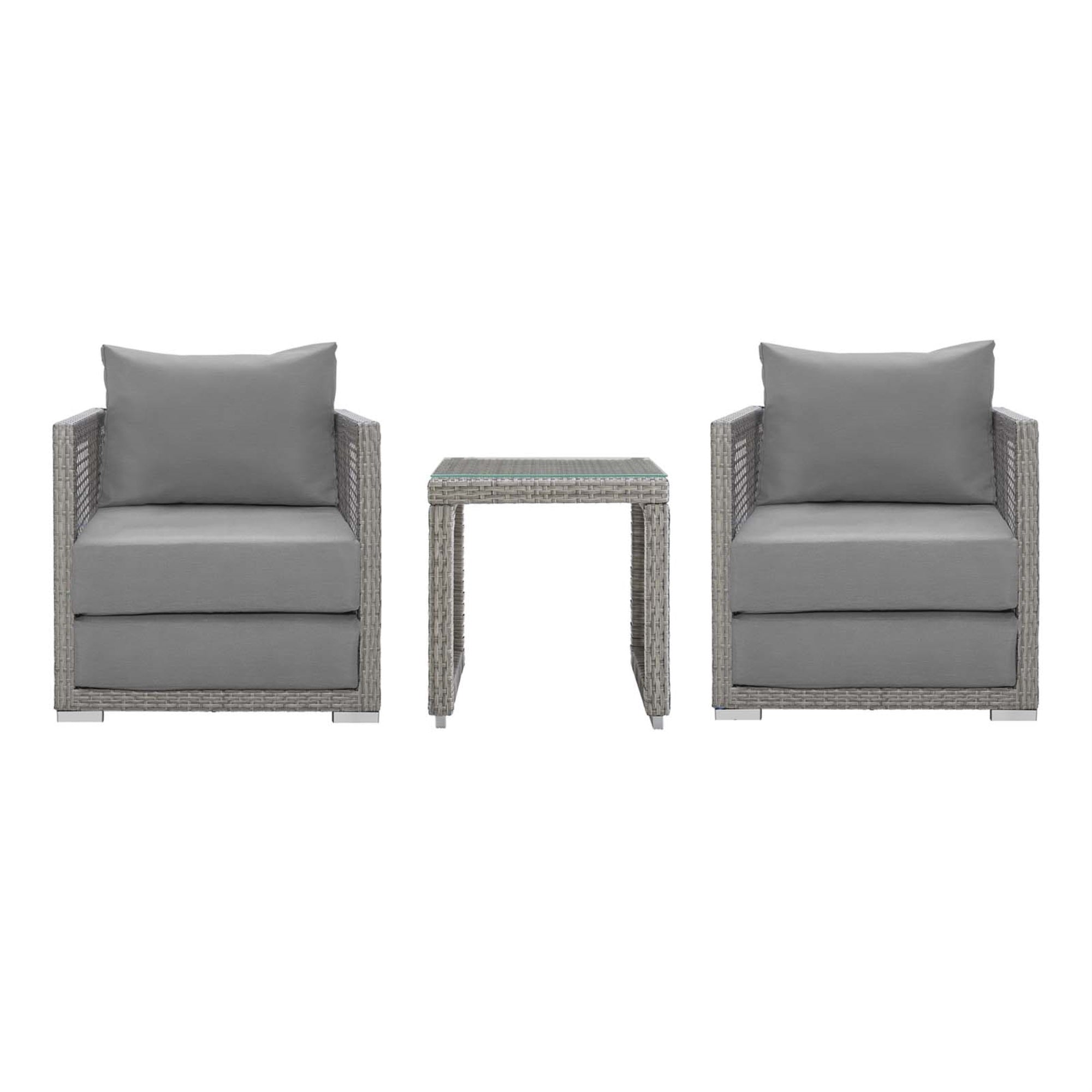 Aura Outdoor Patio Collection - Gray Gray Wicker Rattan Set With Aluminum Frame. Includes Side Table & 2 Armchairs. All-Weather Cushions For Maximum Comfort & Durability. Perfect For Casual Conversations & Unforgettable Moments.