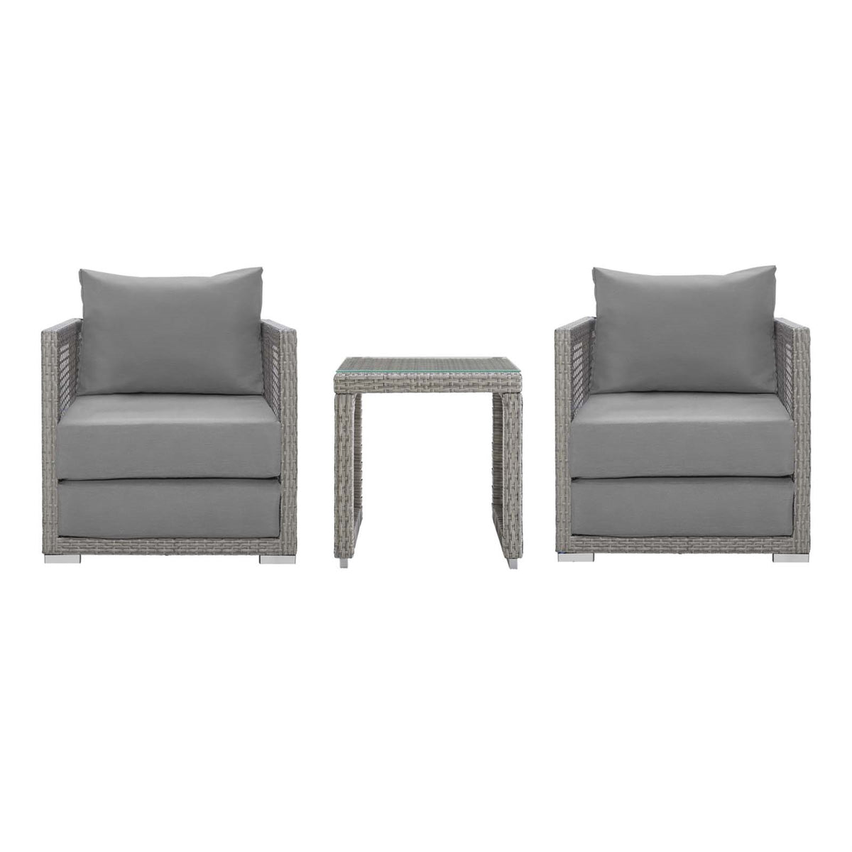 Aura Outdoor Patio Collection - Gray Gray Wicker Rattan Set With Aluminum Frame. Includes Side Table & 2 Armchairs. All-Weather Cushions For Maximum Comfort & Durability. Perfect For Casual Conversations & Unforgettable Moments.