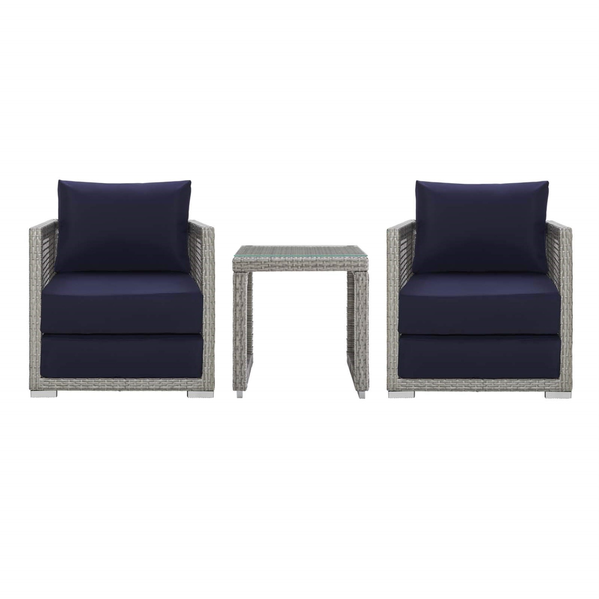 Casafoyer Aura Outdoor Patio Wicker Rattan, Side Table And Two Armchairs, Gray Navy